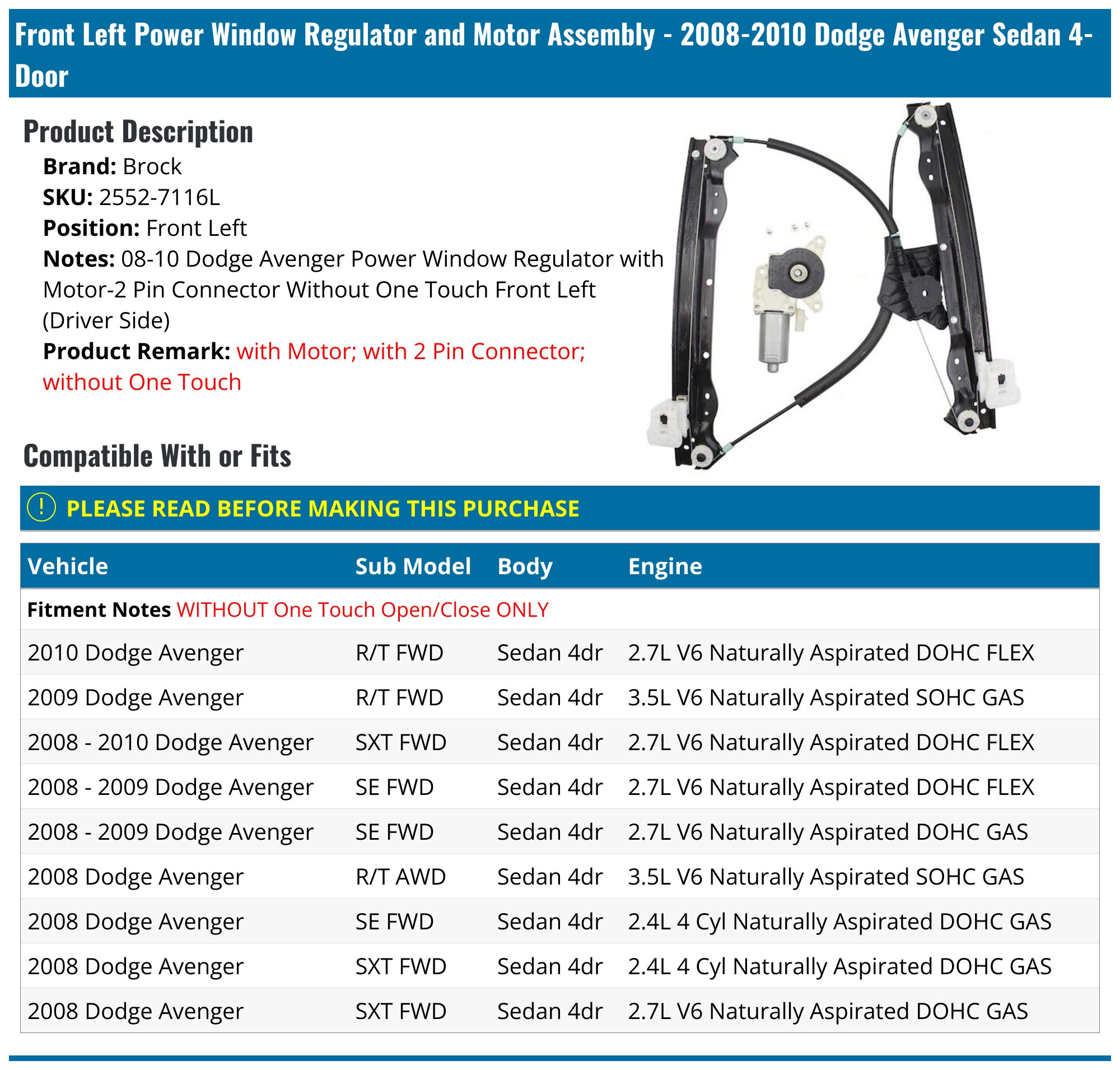 Front Left Driver Side Power Window Regulator Without Motor