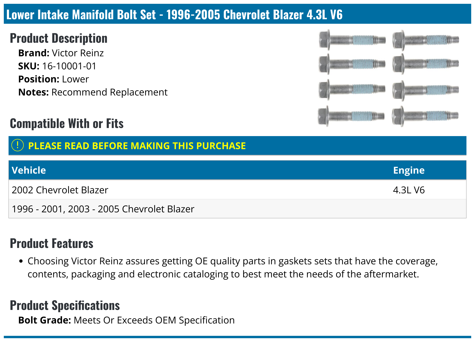 19962005 Chevrolet Blazer Intake Manifold Bolt Set Victor Reinz 161000101 Lower