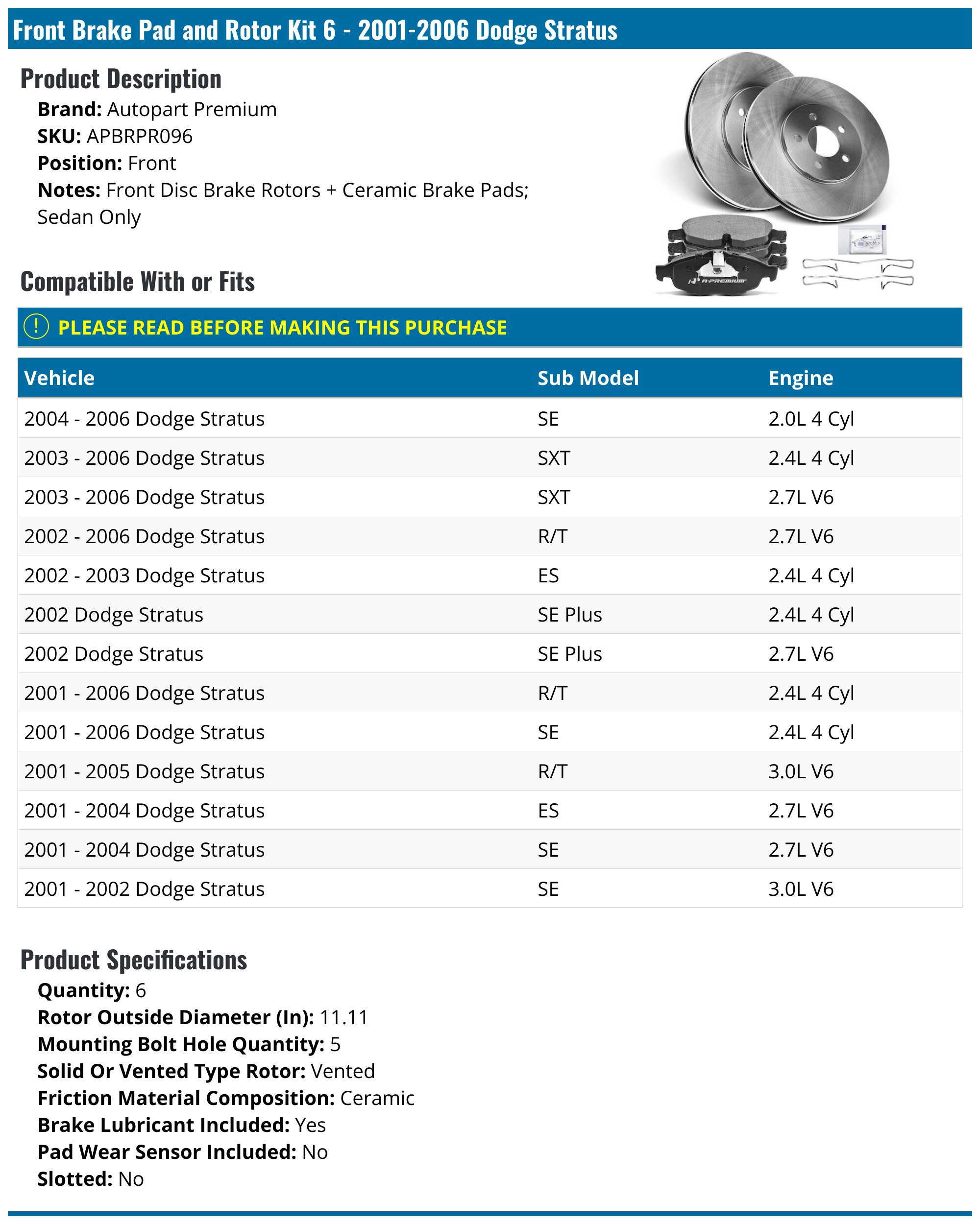 Brake Rotors & Ceramic Pads Front for 2001-2006 Dodge Stratus; Chrysler Sebring