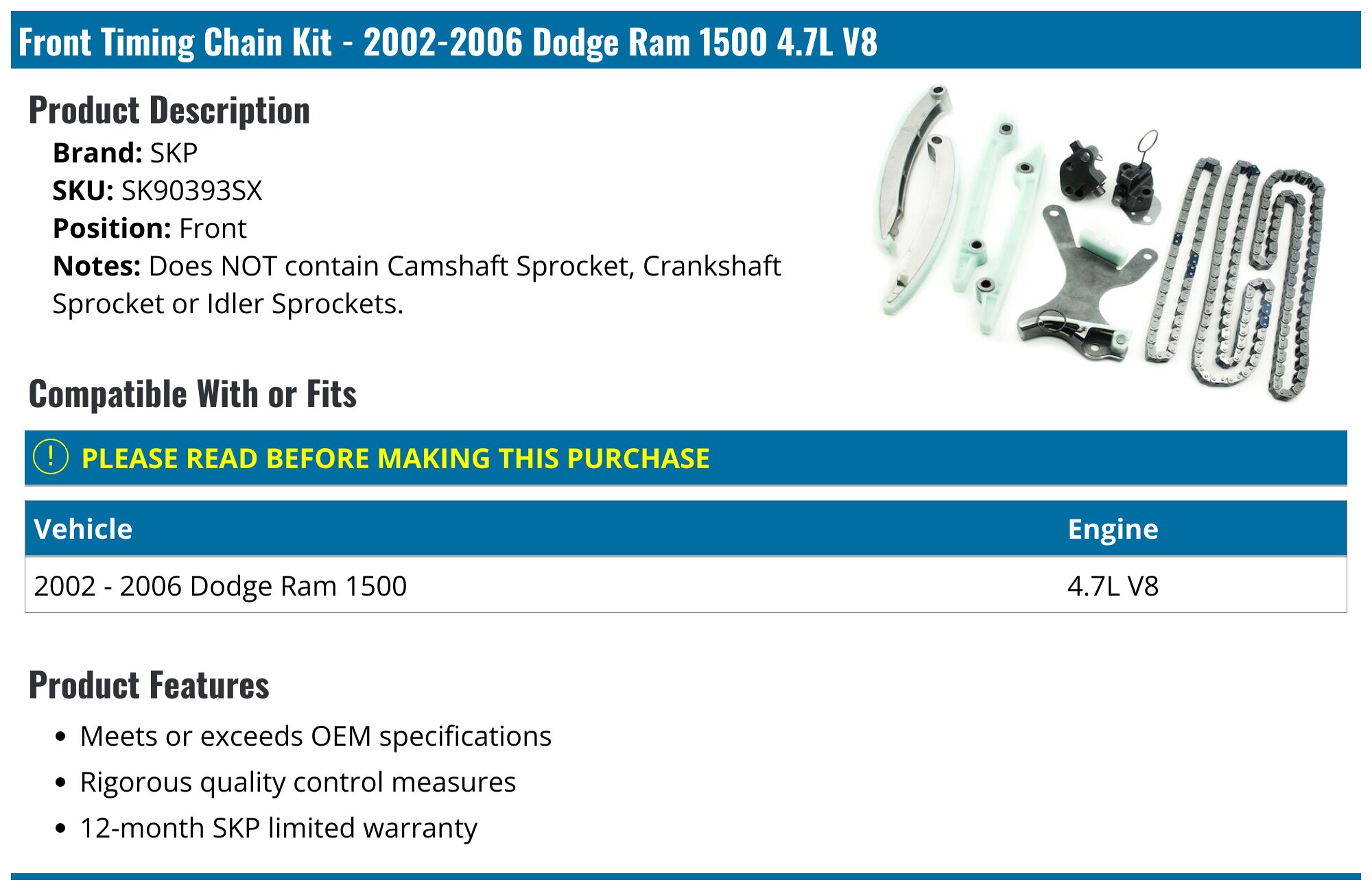 20022006 Dodge Ram 1500 Timing Chain SKP SK90393SX Front