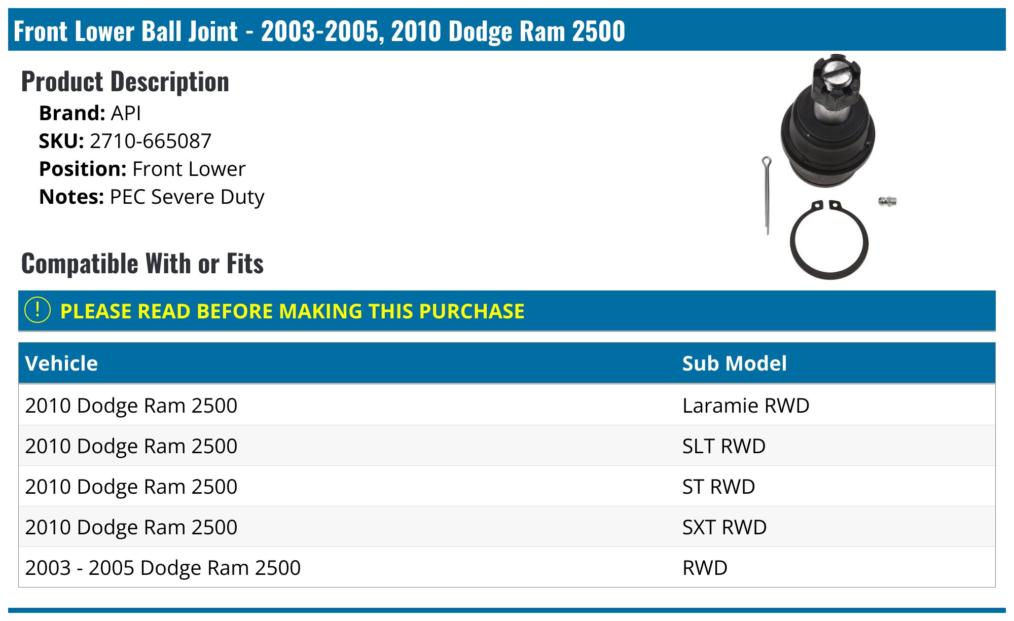4WD Front Upper Lower Ball Joints for 2006 2007 2008 Dodge Ram 2500
