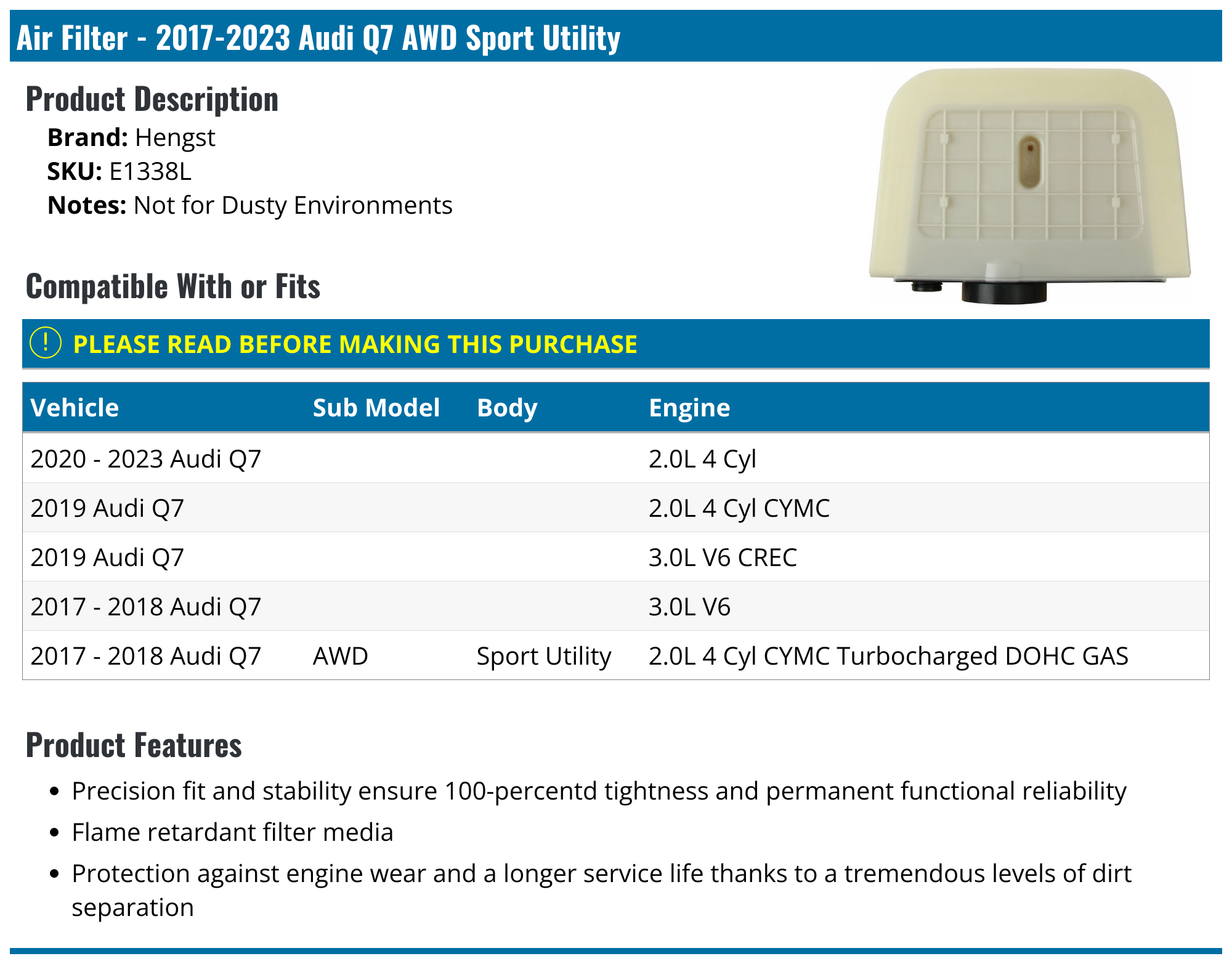 20172023 Audi Q7 Air Filter Hengst E1338L