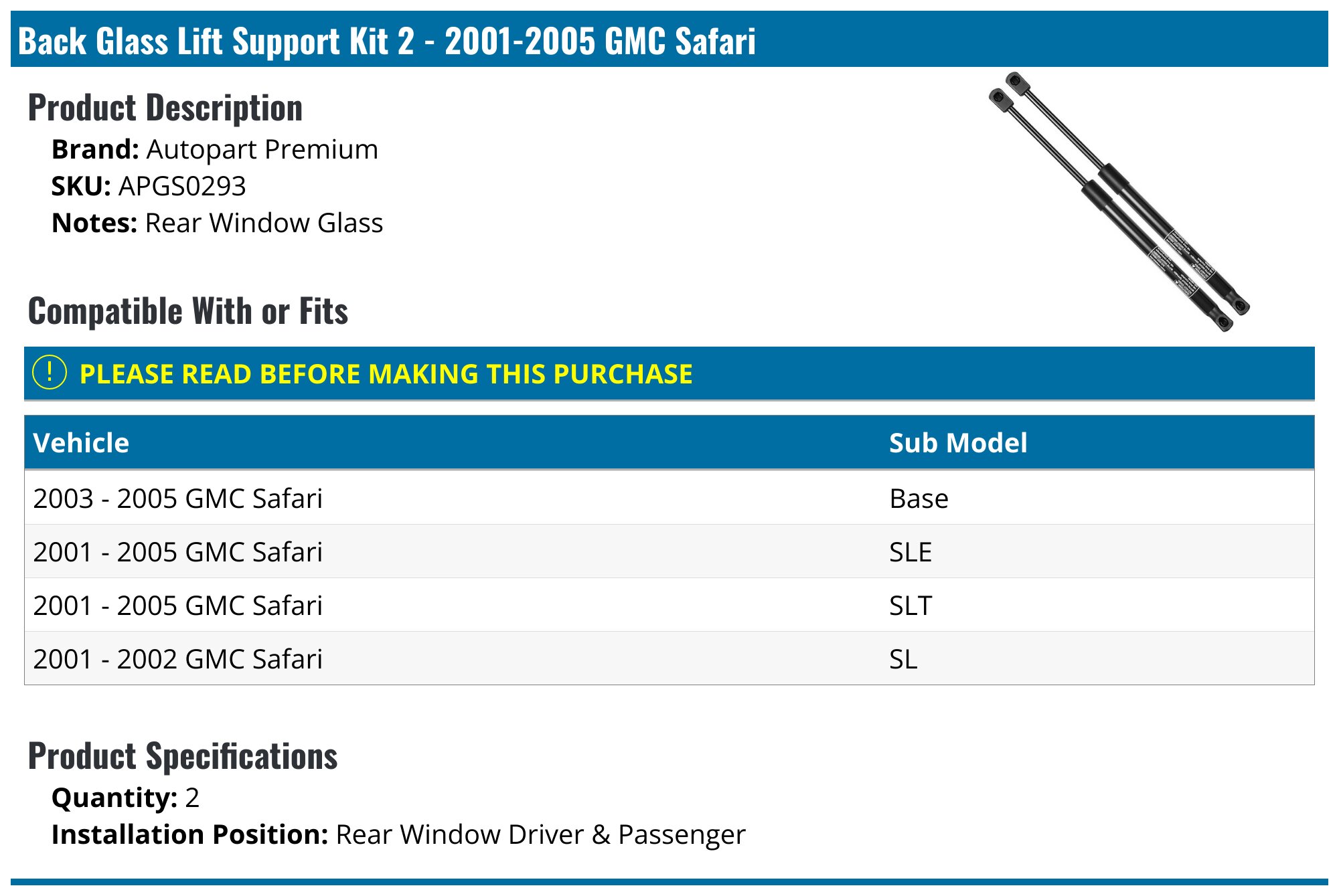 2001-2005 GMC Safari Tailgate Window Strut - Autopart Premium APGS0293 ...