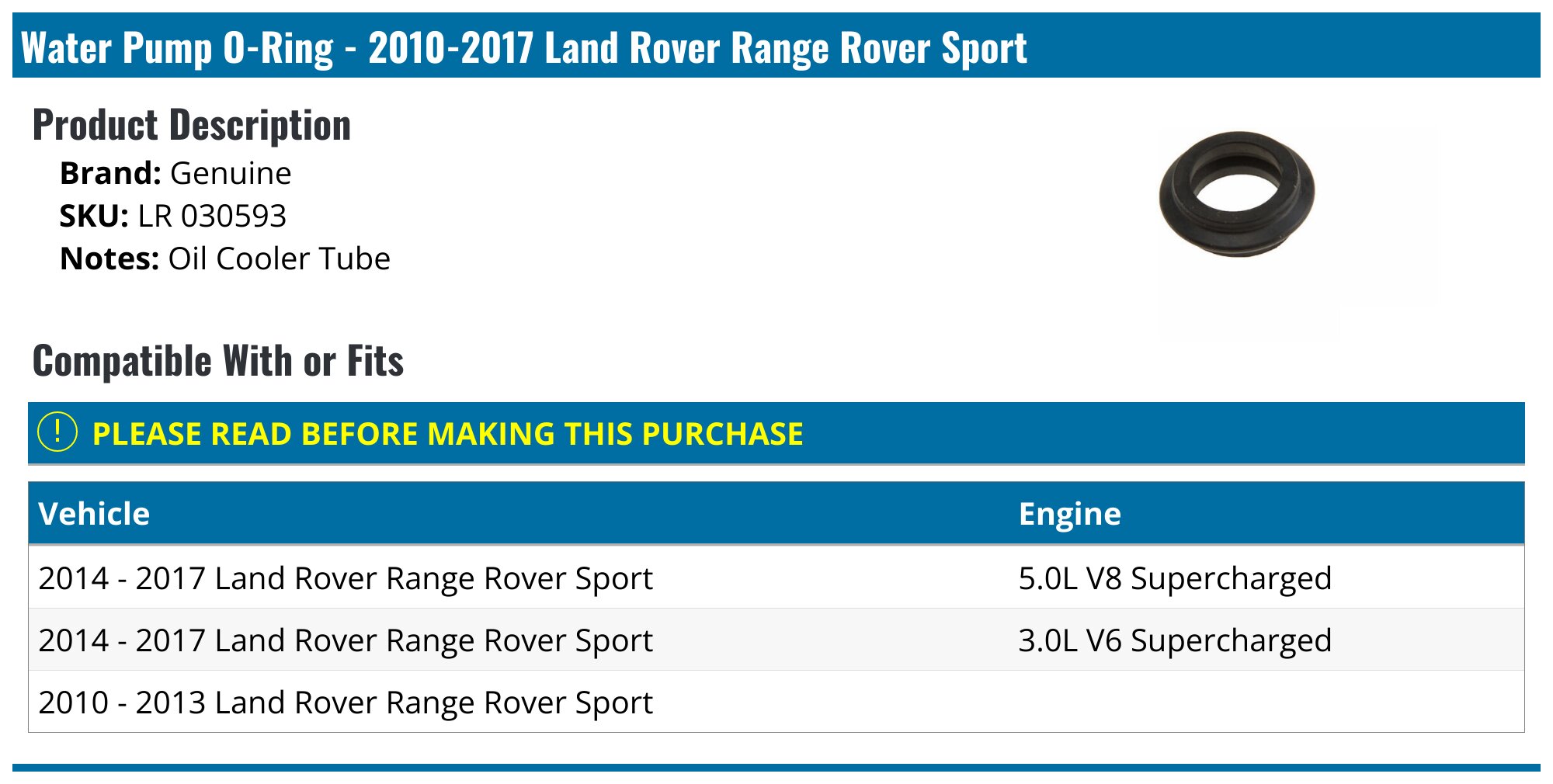 Allmakes 4x4 Water Pump Oil Cooler O-ring Seal & Hose Tube Pipe For Land Rover Range Rover 3.0L 5.0L – LR028136, LR030593