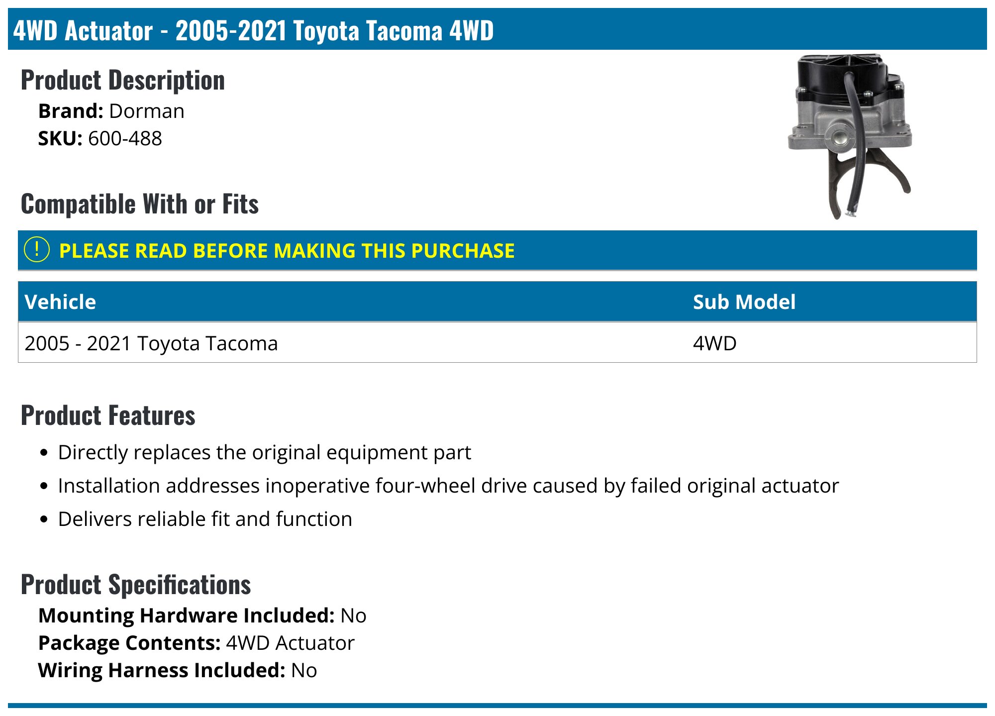 2005-2021 Toyota Tacoma 4WD Actuator - Dorman 600-488 - PartsGeek.com