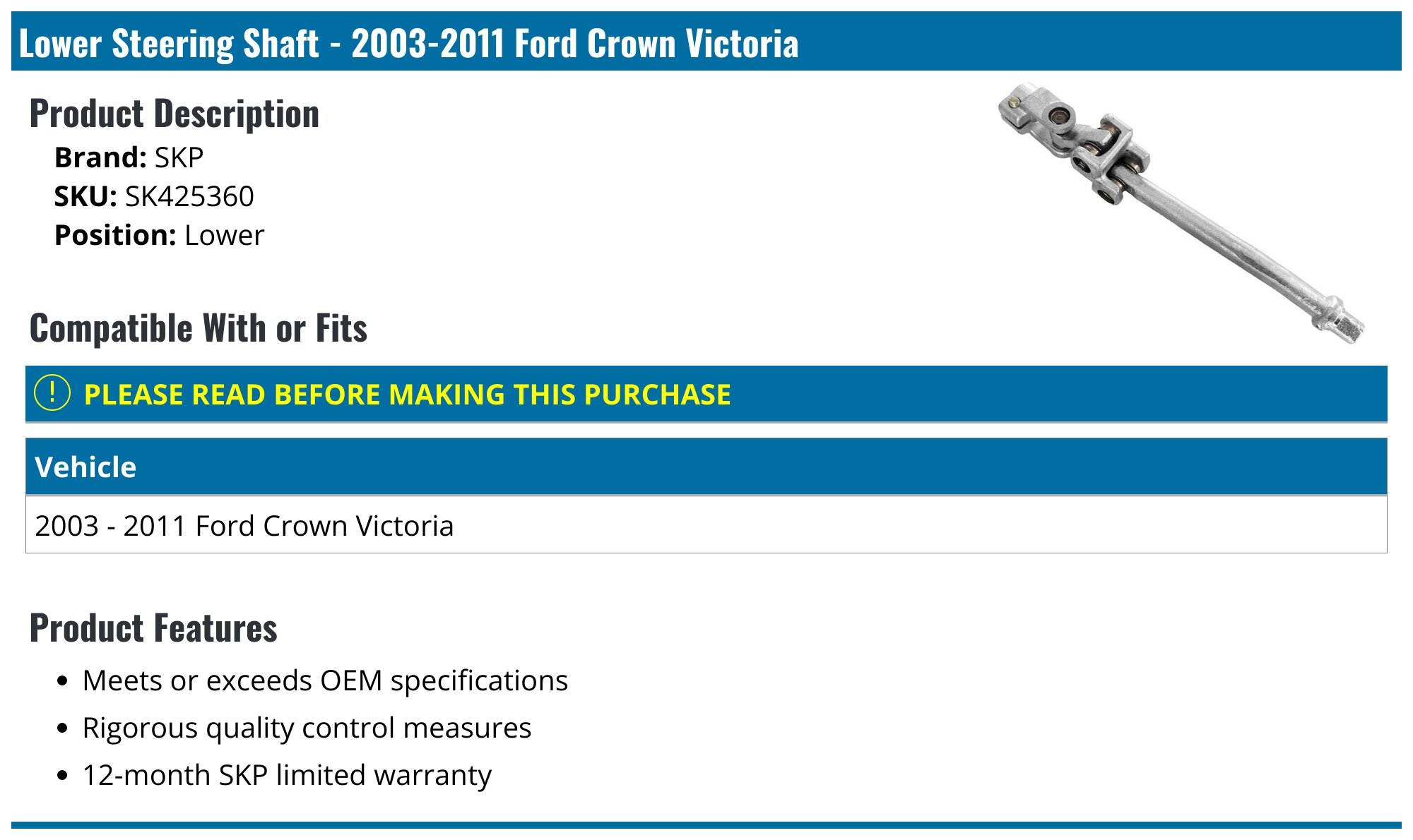 Upper & Lower Steering Shaft Kit For 2005-2011 Lincoln Town Car, Ford Crown Victoria