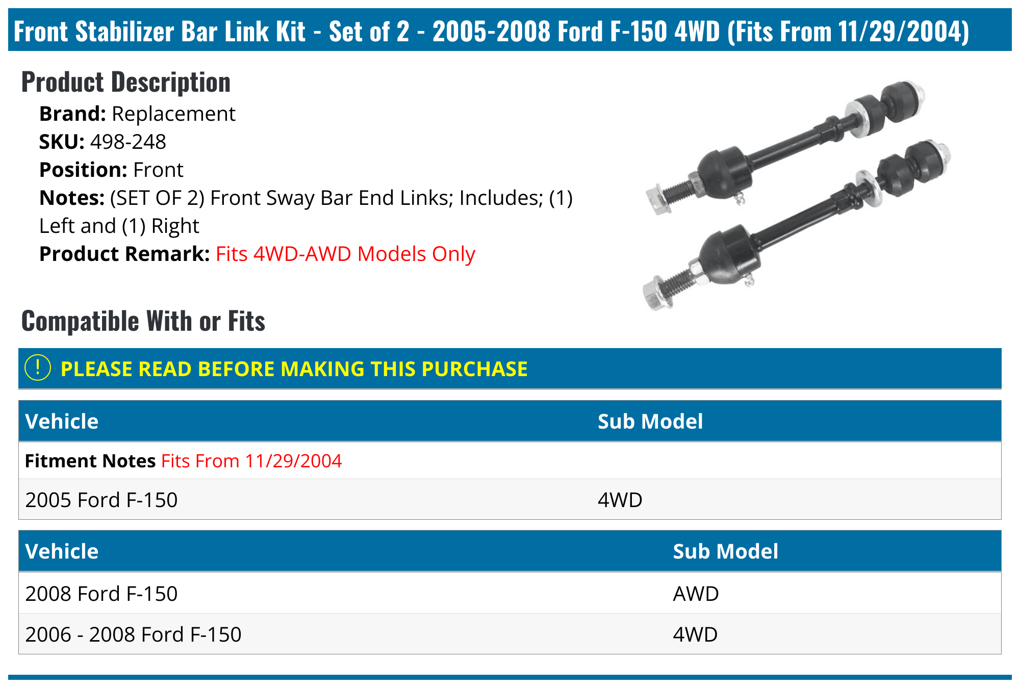20052008 Ford F150 Sway Bar Link Replacement 498248 Front