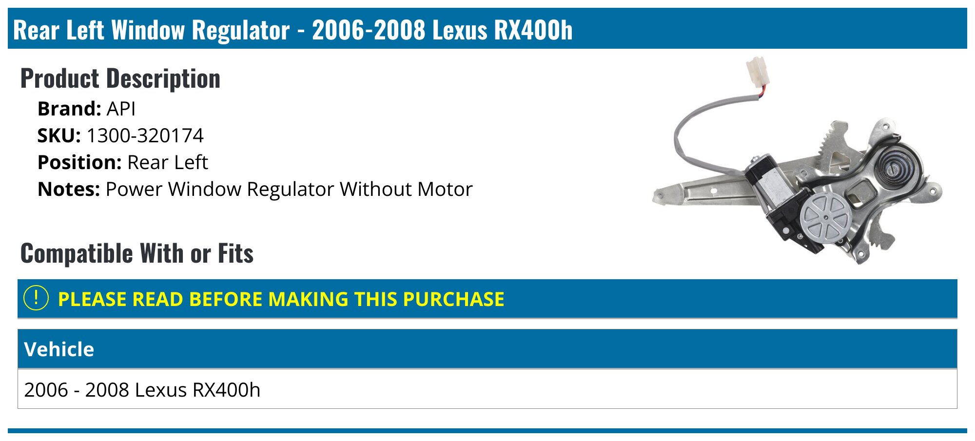 Lexus Rx 400h Rear Window 2006-2008 Lexus RX400h Window Regulator - API 18578-02887030 - Rear ...