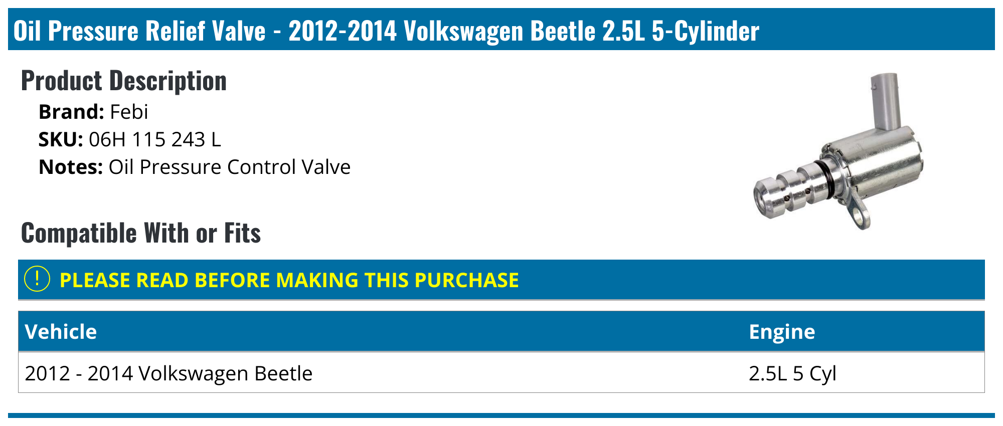 20122014 Volkswagen Beetle Oil Pressure Relief Valve Febi 06H 115