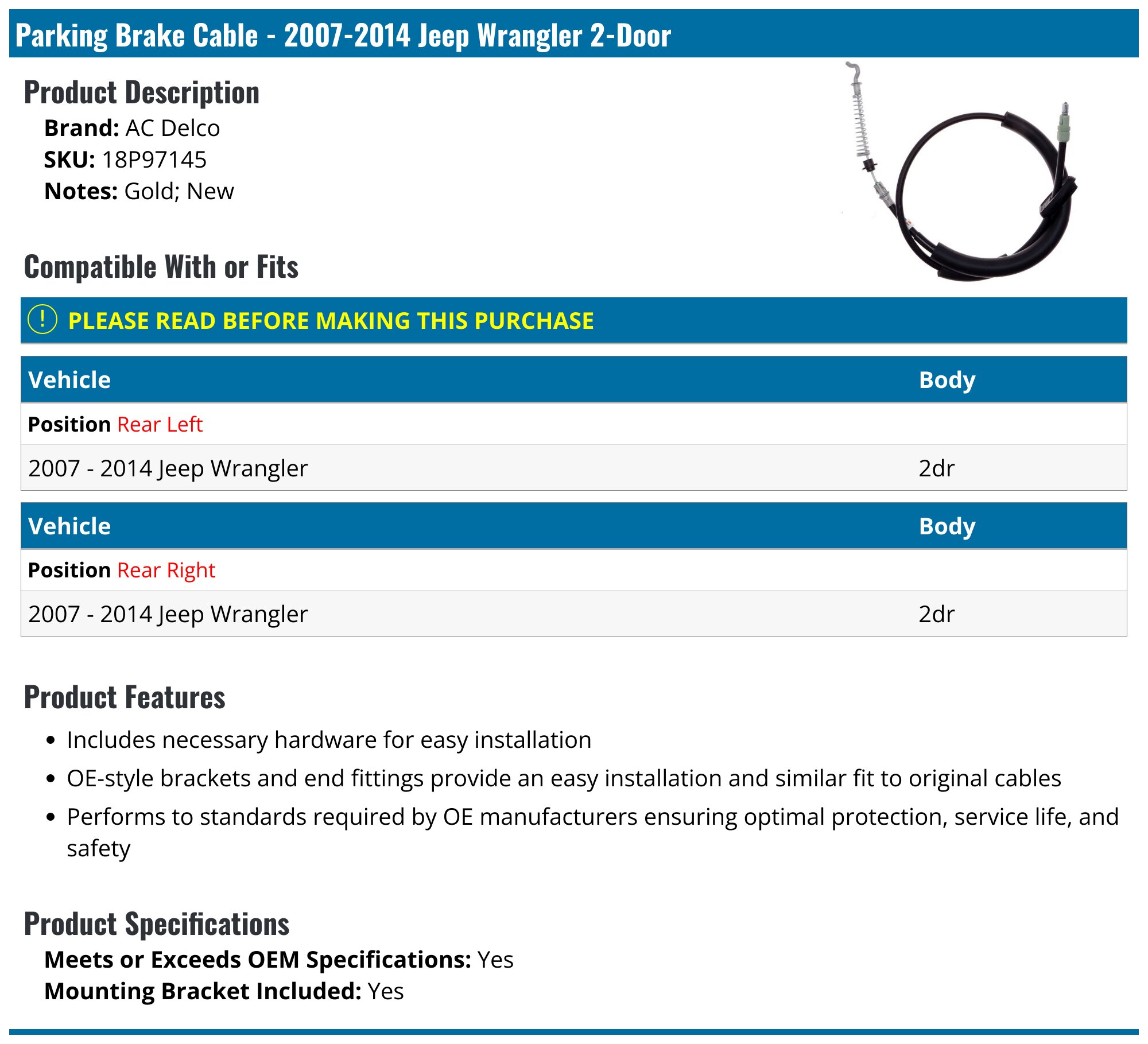 20072014 Jeep Wrangler Parking Brake Cable AC Delco 18P97145 Rear