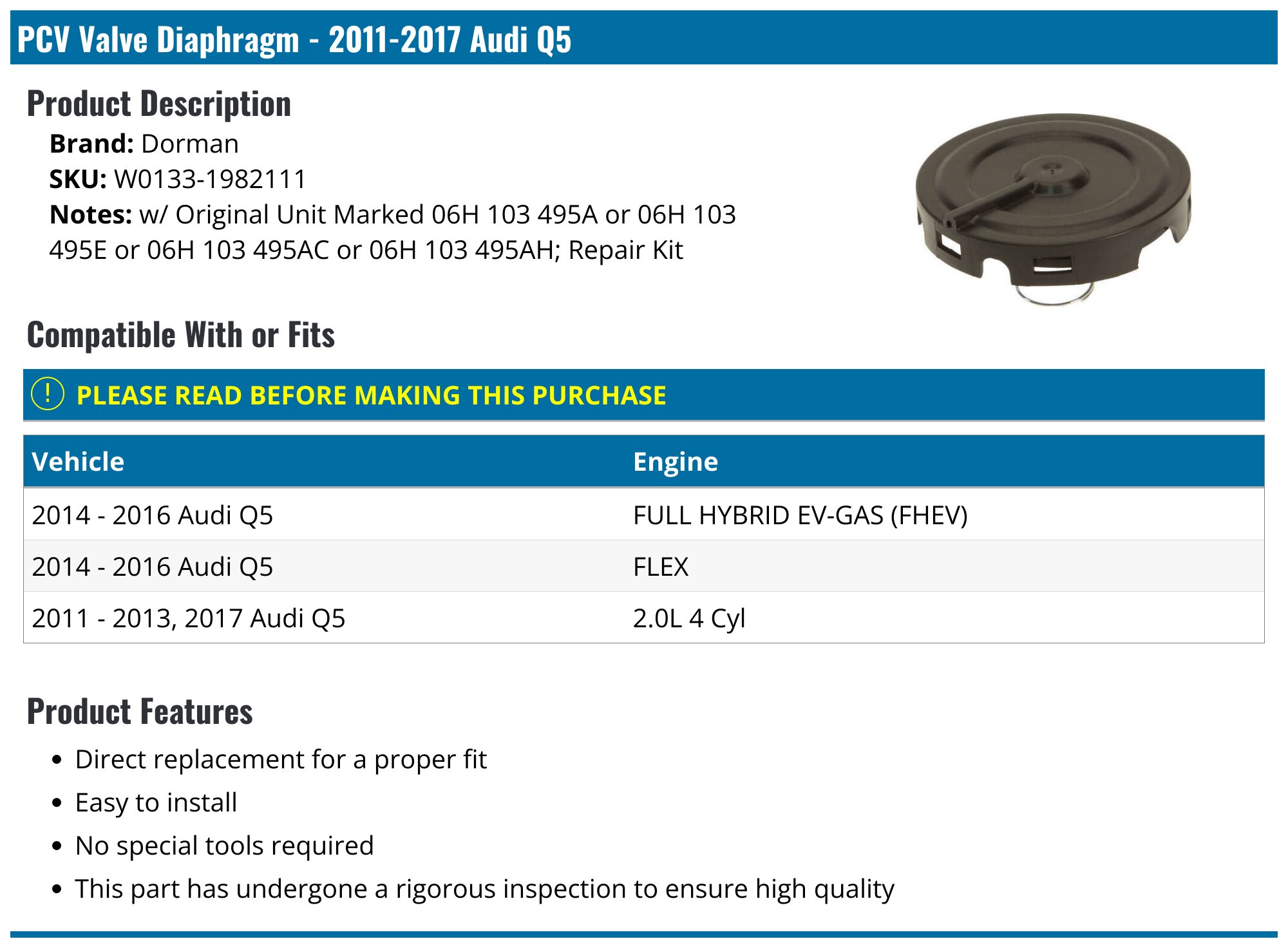 20112017 Audi Q5 PCV Valve Diaphragm Dorman W01331982111