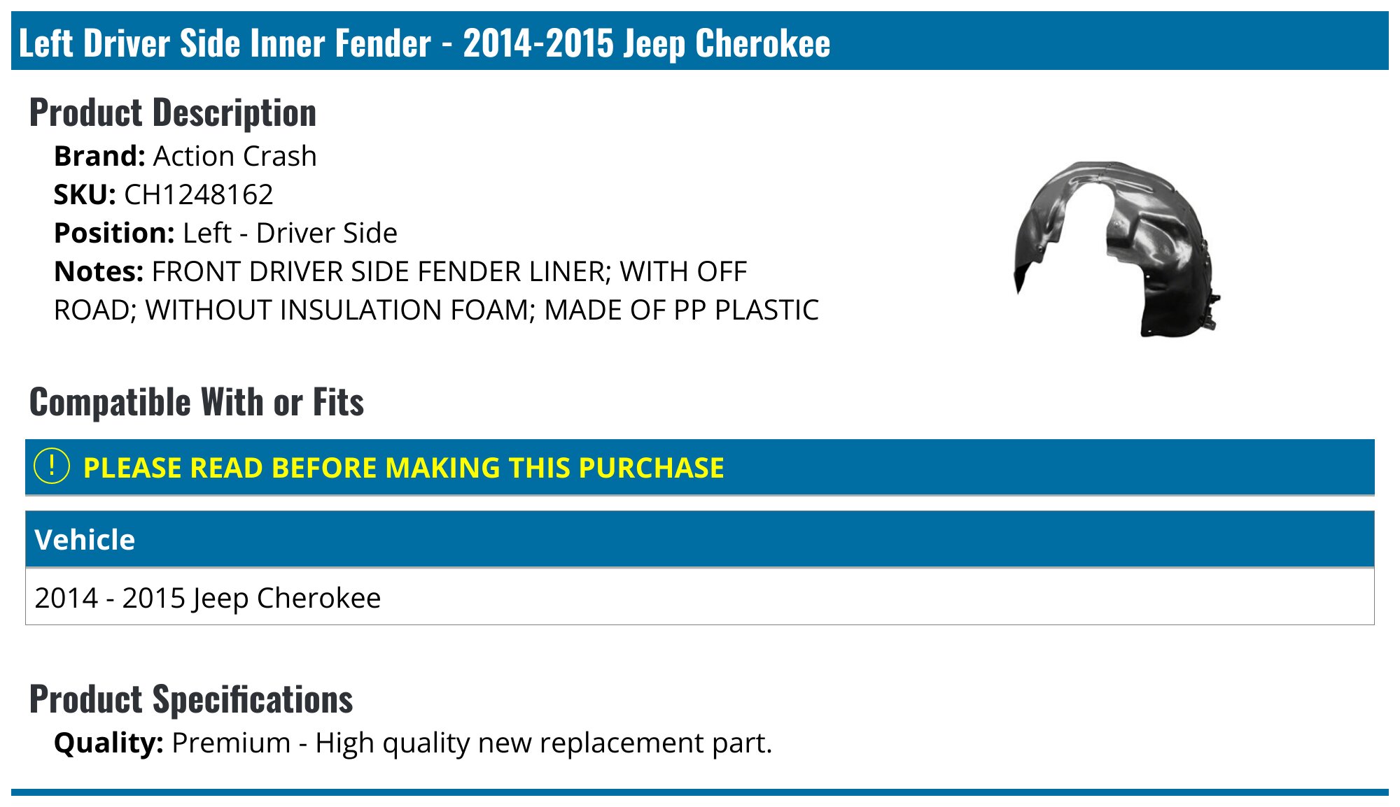 Driver Side Front Splash Shield / Inner Fender Liner For Jeep Cherokee & Wagoneer (1984-1996) – Direct Replacement
