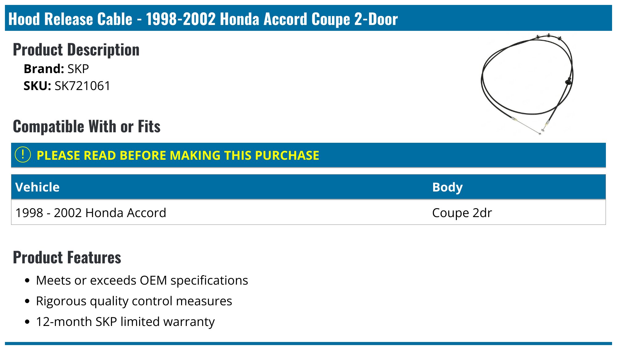 Hood Release Cable For Honda Accord 1998-2002 – TOM AUTO PARTS, OE 74130-S84-A01