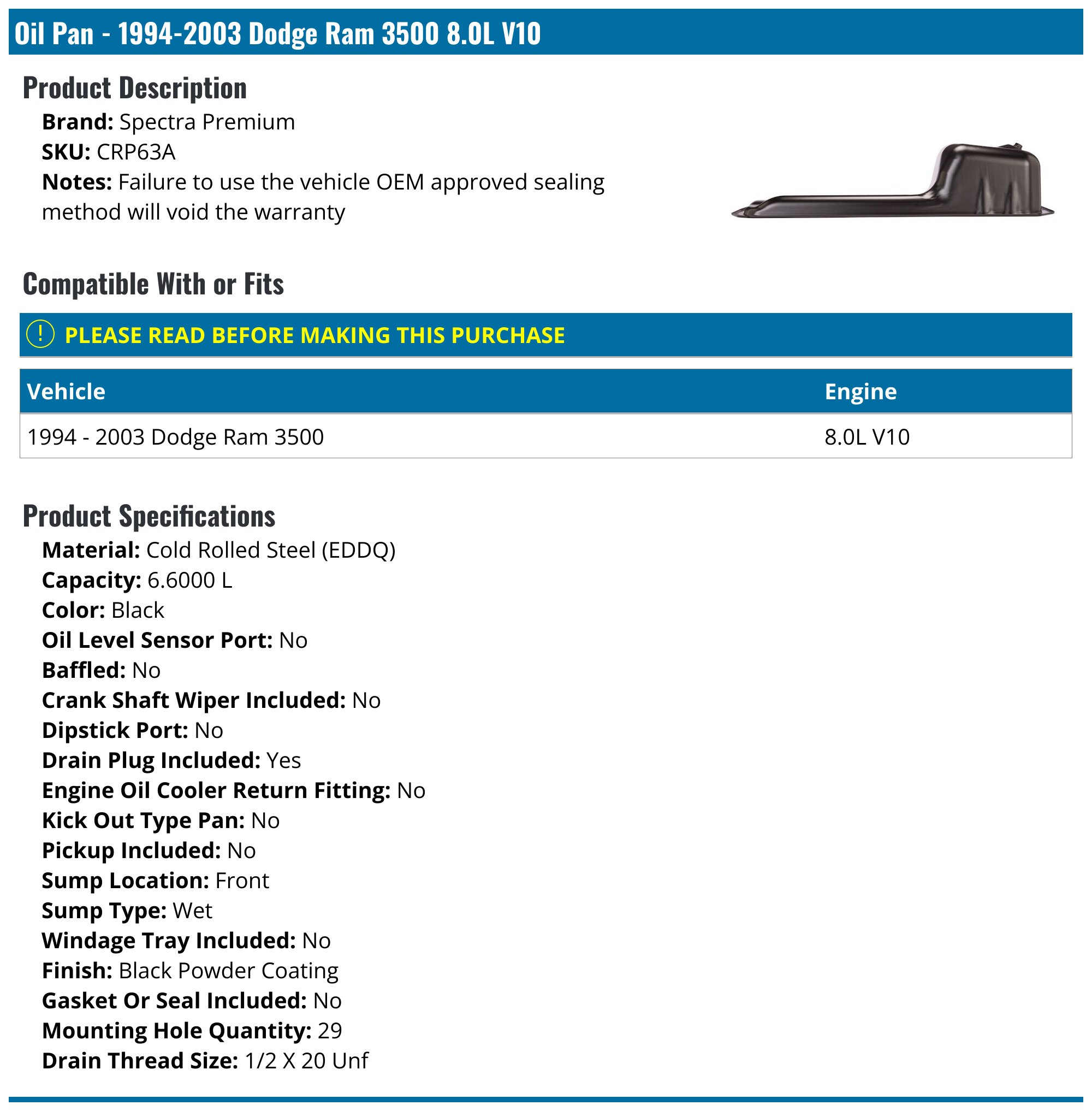 19942003 Dodge Ram 3500 Oil Pan Spectra Premium CRP63A