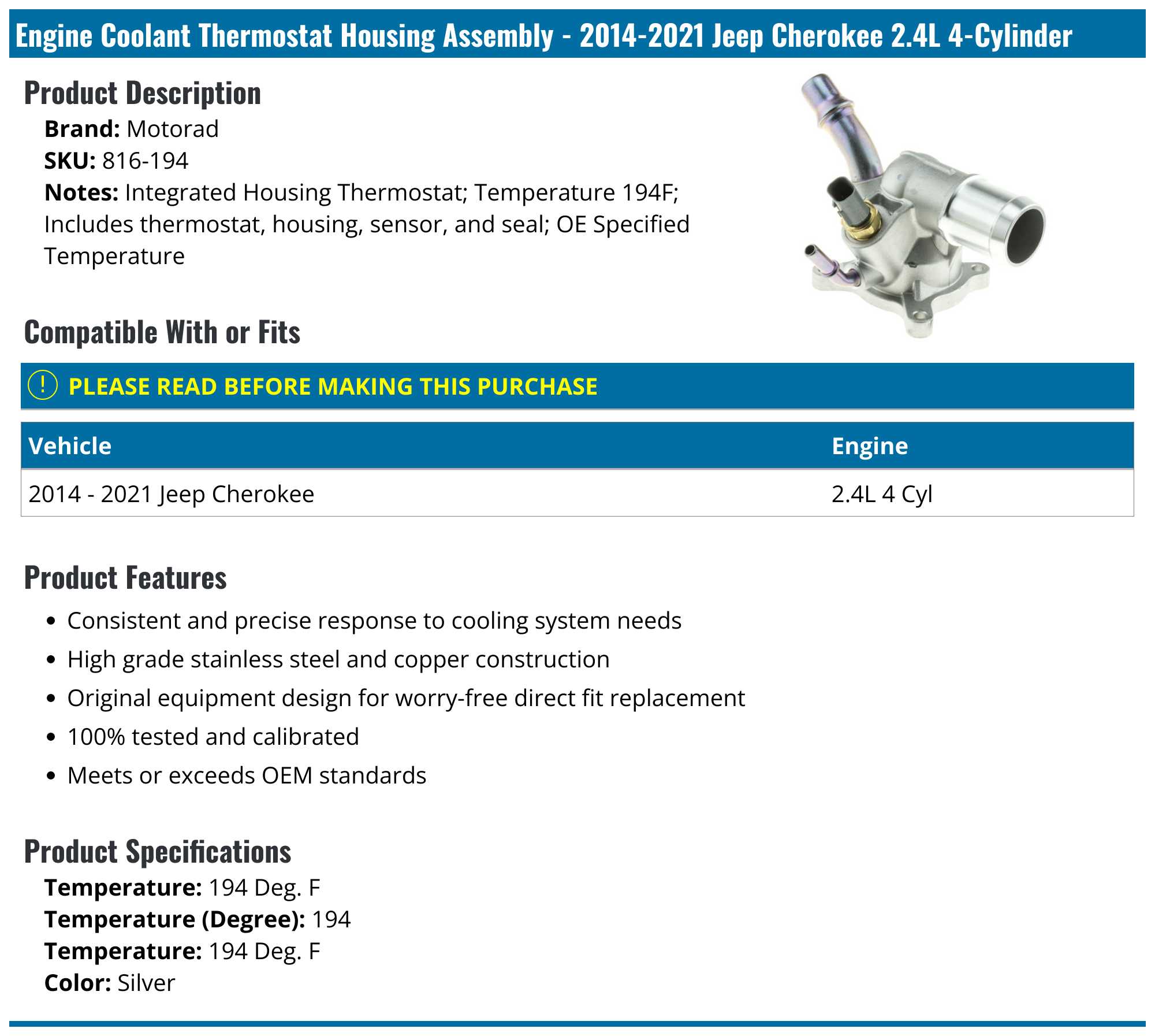 20142023 Jeep Cherokee Thermostat Housing Motorad 816194
