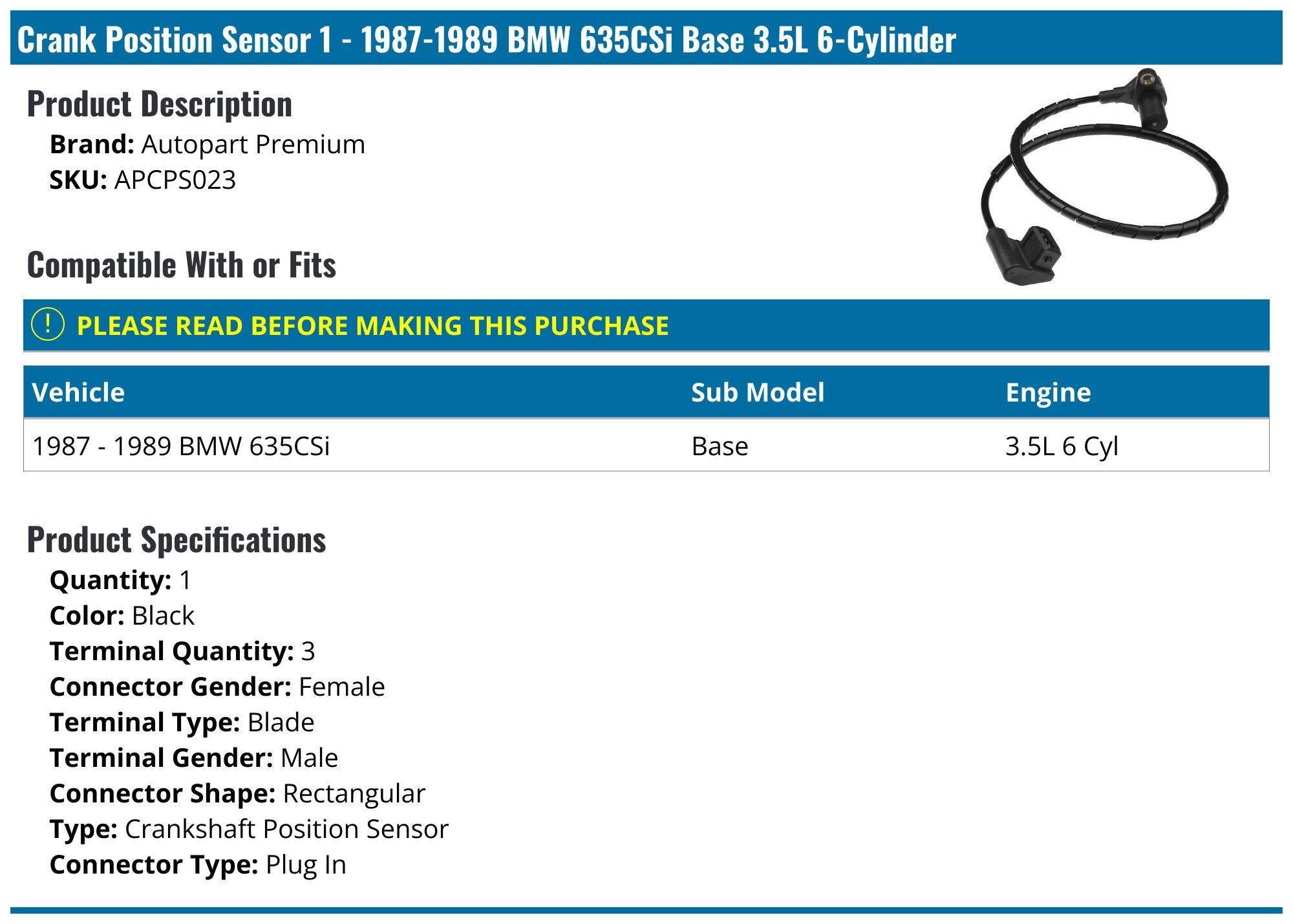 1987-1989 BMW 635CSi Crank Position Sensor - Autopart Premium APCPS023 ...