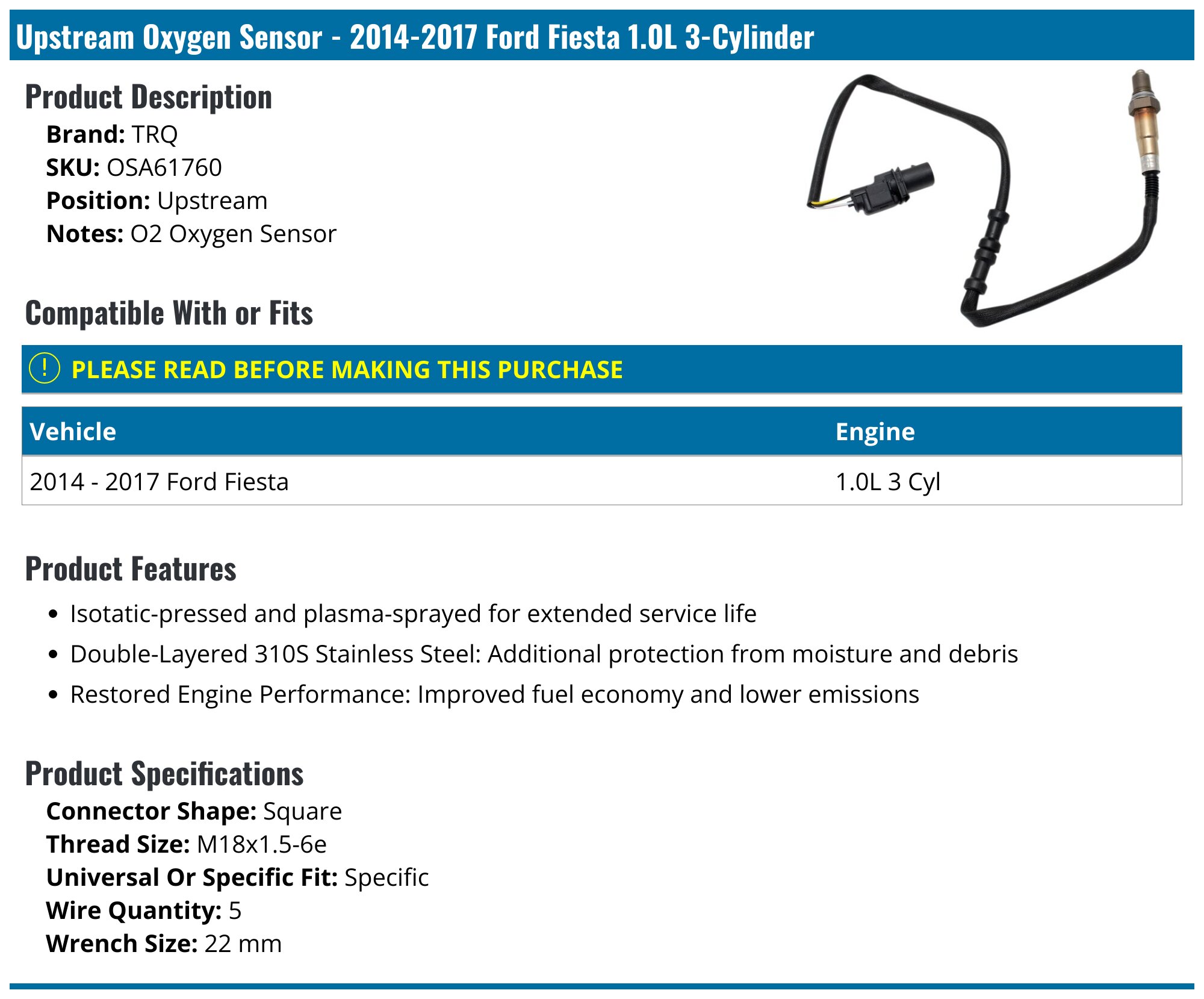 2014-2020 Kia Forte Oxygen Sensor - DriveBolt ST-25034 - Upstream
