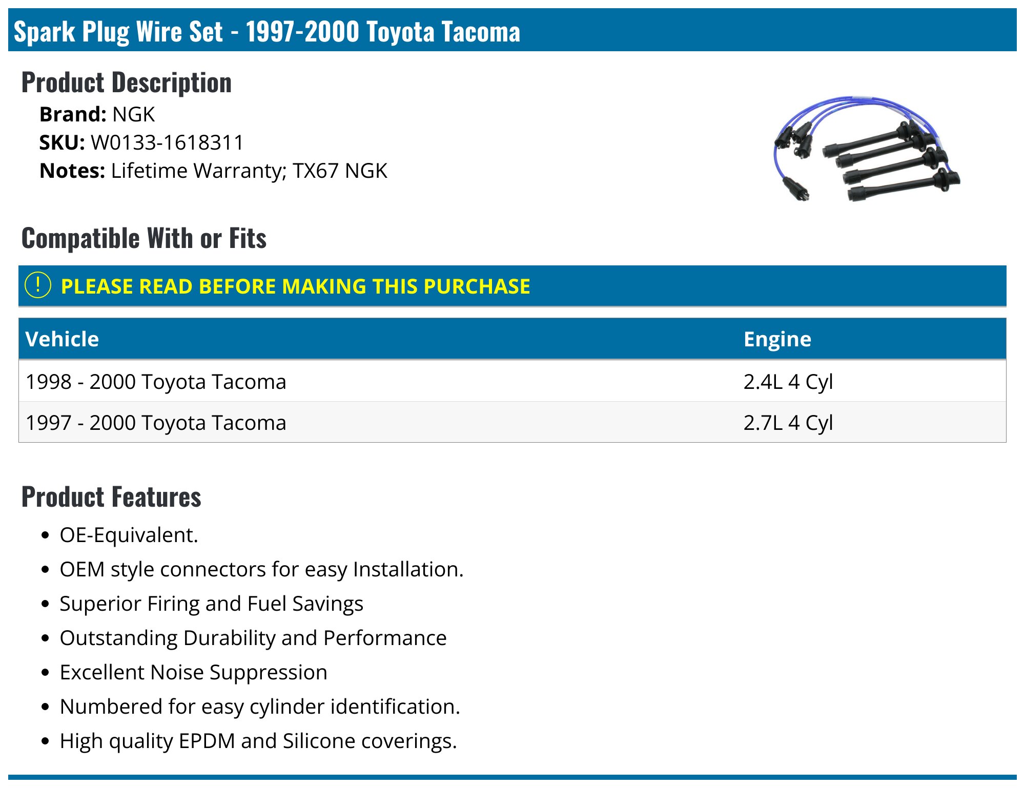 NGK Wire Set + 4 DENSO Spark Plugs For Toyota Tacoma L4; 2.7L 1995-1996