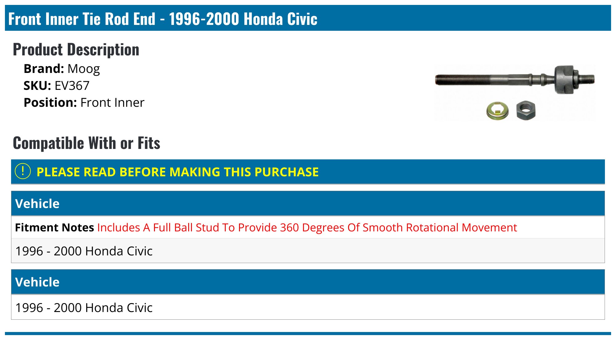 AM Autoparts Front Inner & Outer Tie Rod End Kit With Bellows For Honda Civic 1996-2000 & Acura EL – 6pc Set