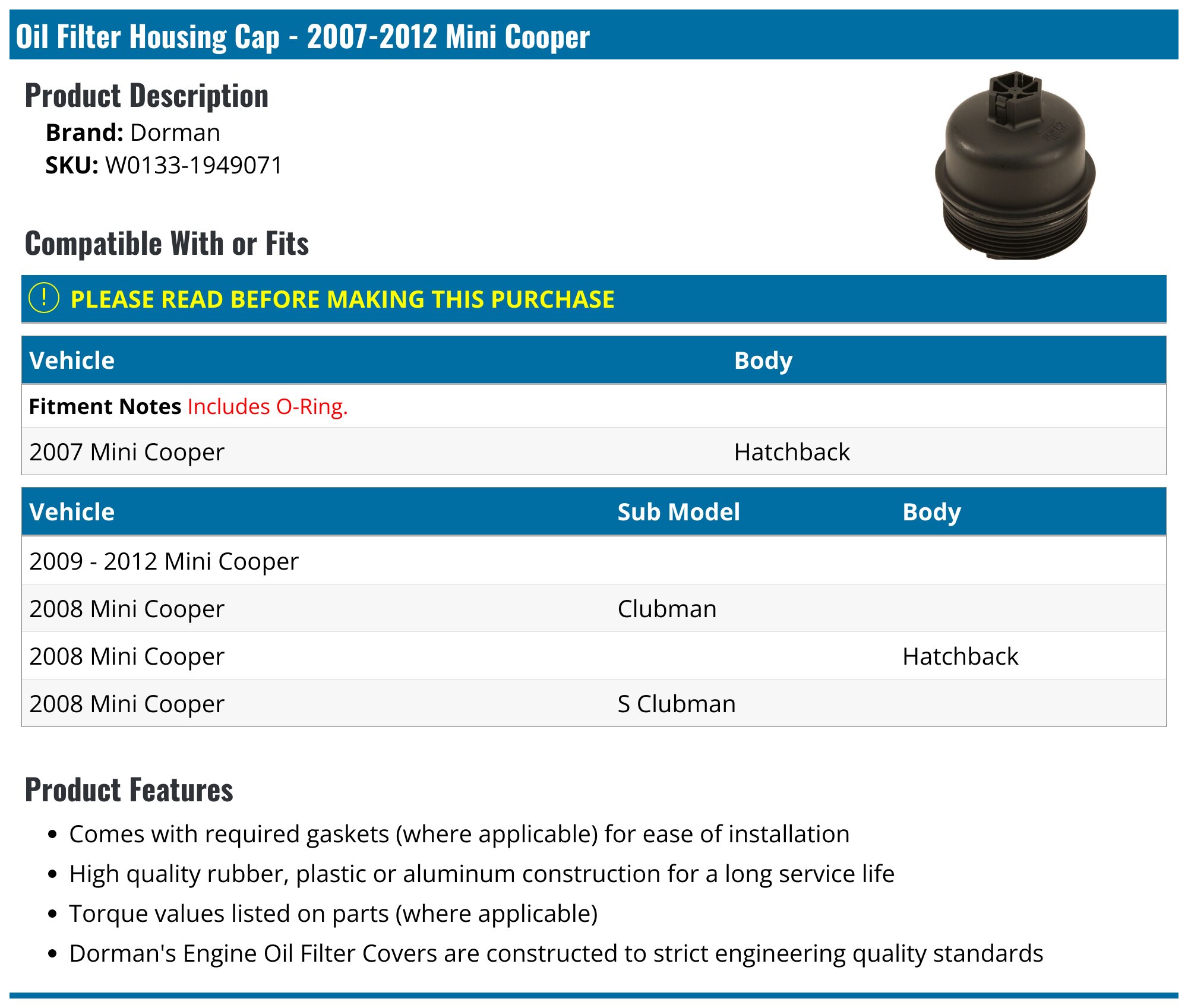 20072012 Mini Cooper Oil Filter Housing Cap Dorman W01331949071