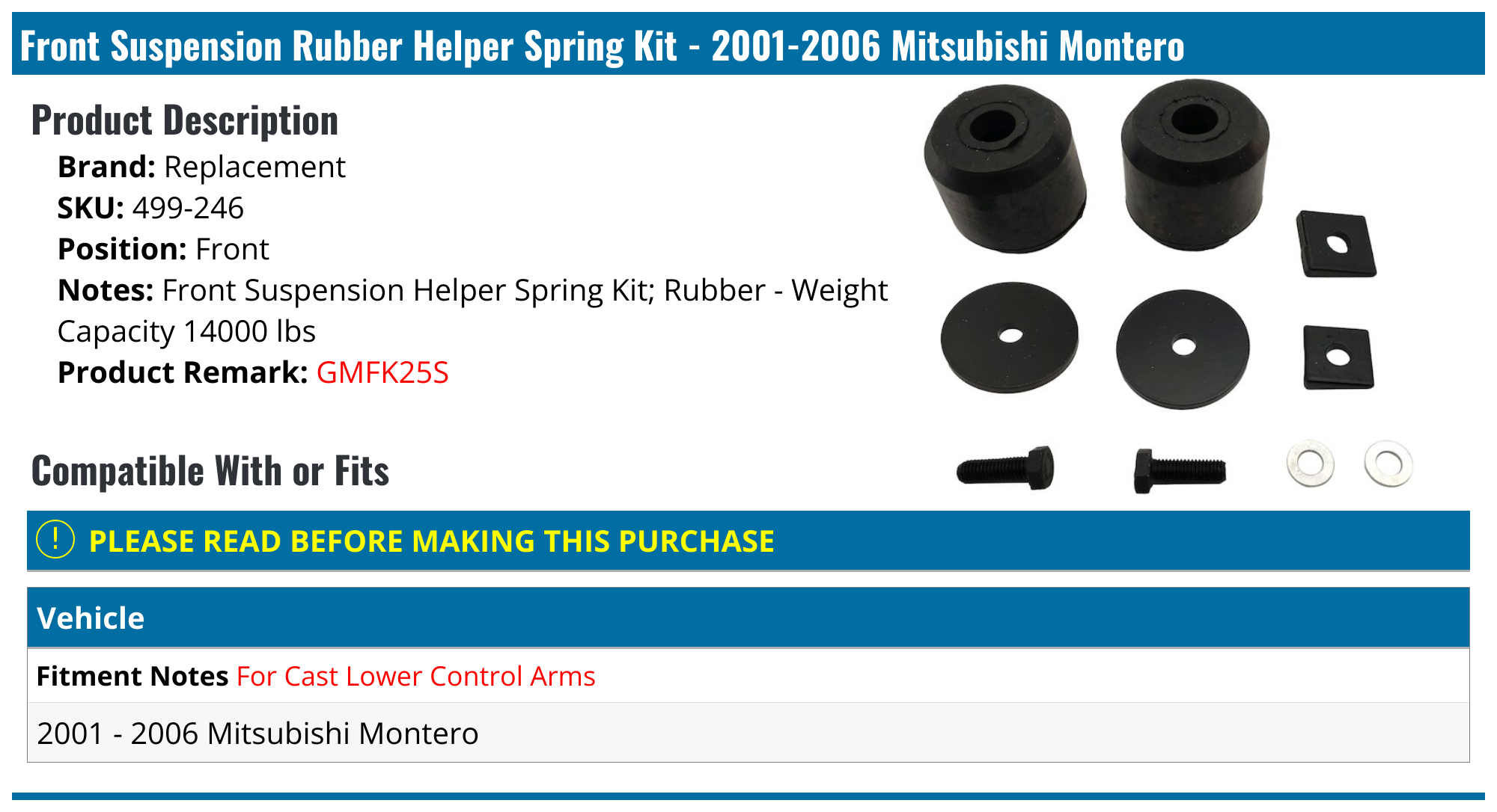 20012006 Mitsubishi Montero Suspension Rubber Helper Spring Kit