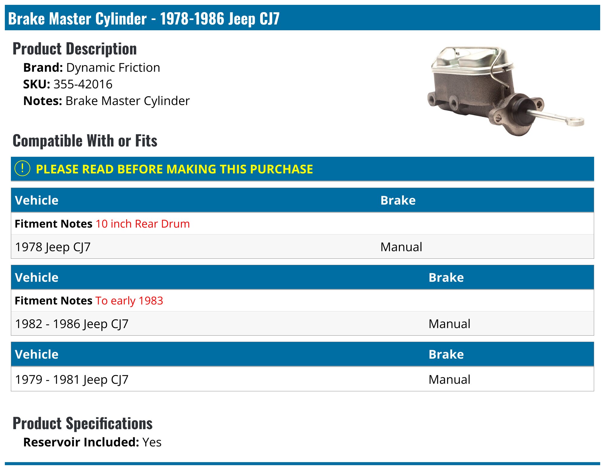 Jeep CJ7 Master Cylinder - Brake Master - Dorman Autopart Premium