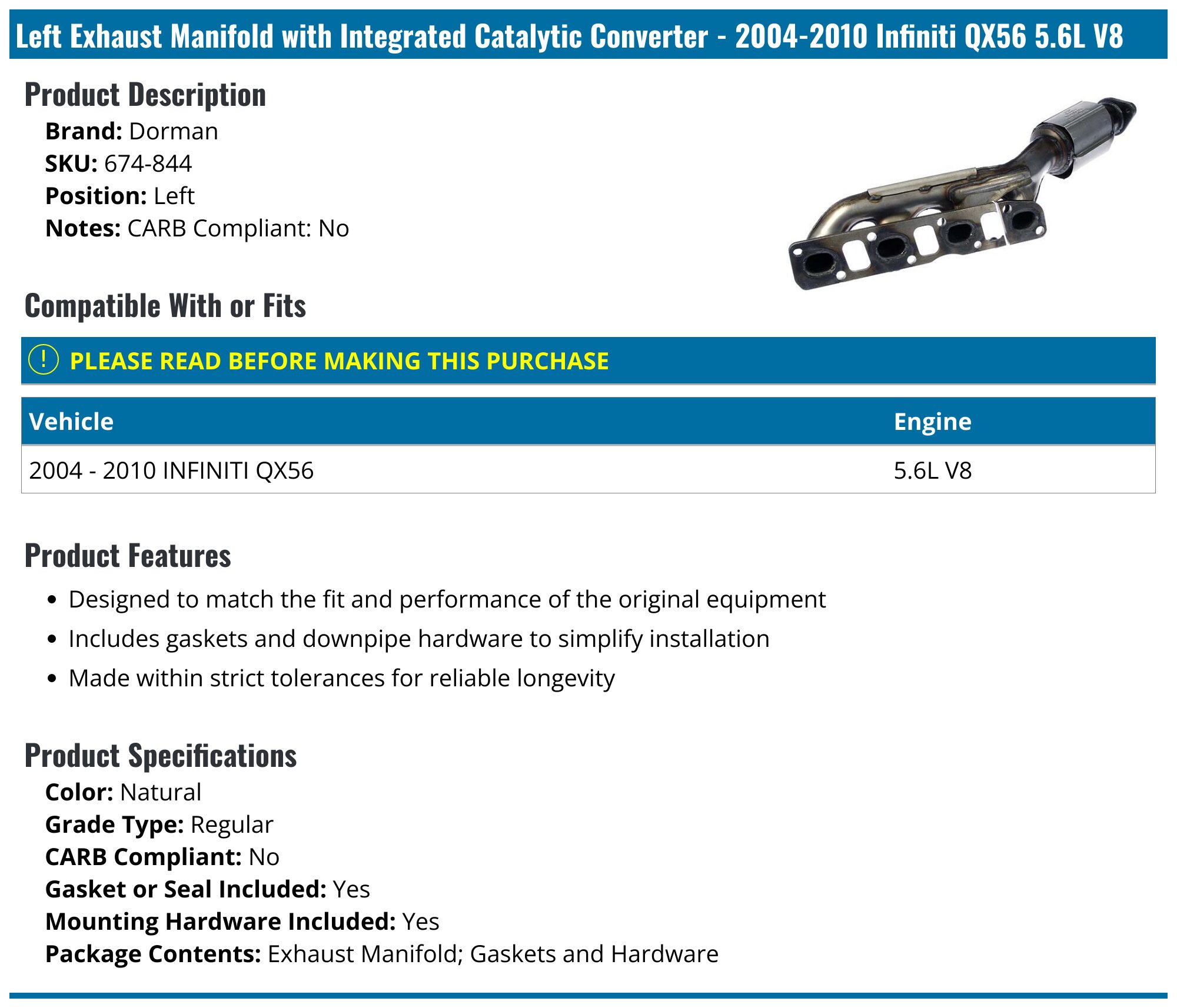 Direct Fit Right Catalytic Converter For Infiniti QX56 2004-2006 5.6L V8 – EPA Compliant