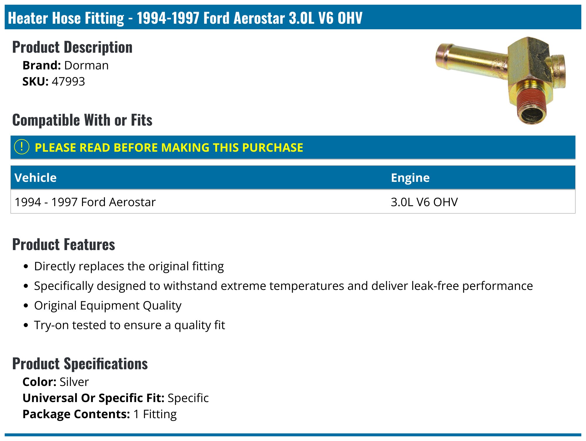 19941997 Ford Aerostar Heater Hose Fitting Dorman 47993
