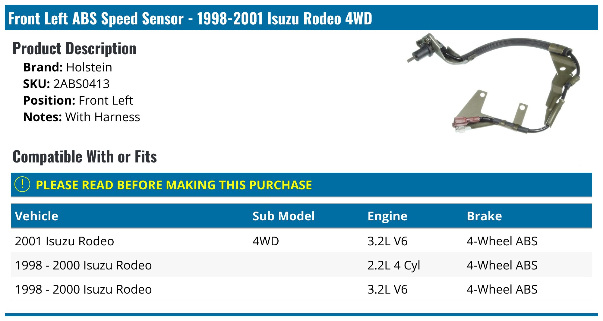 1998-2001 Isuzu Rodeo ABS Speed Sensor - Holstein 2ABS0413 - Front Left ...