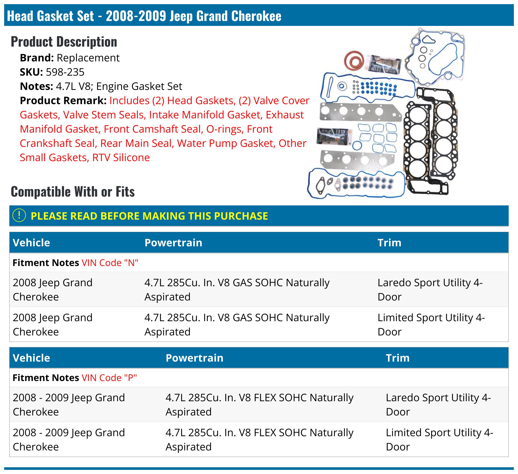 20082009 Jeep Grand Cherokee Head Gasket Replacement 598235