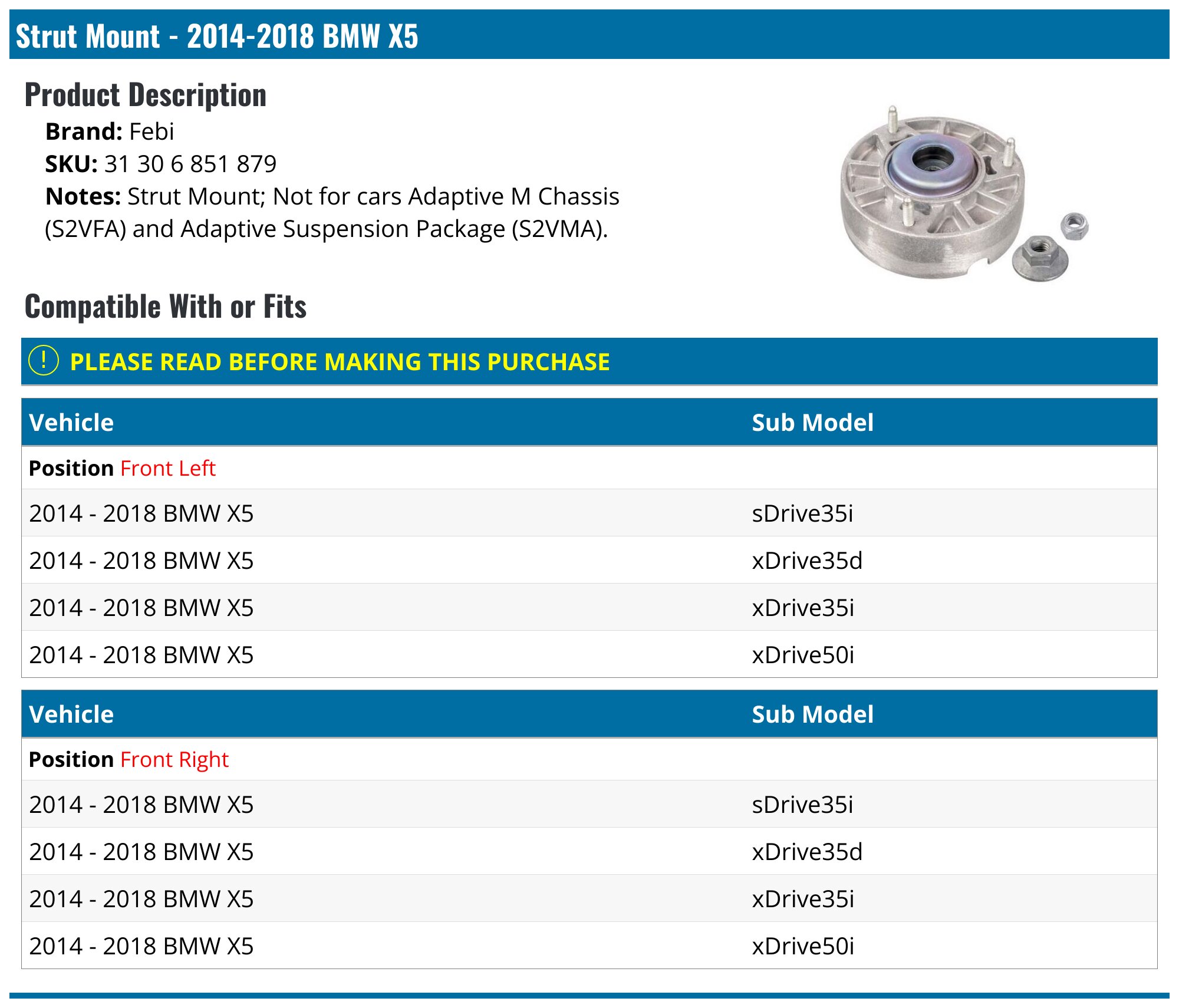 2014-2018 BMW X5 Strut Mount - Febi 31 30 6 851 879 - Front Right ...