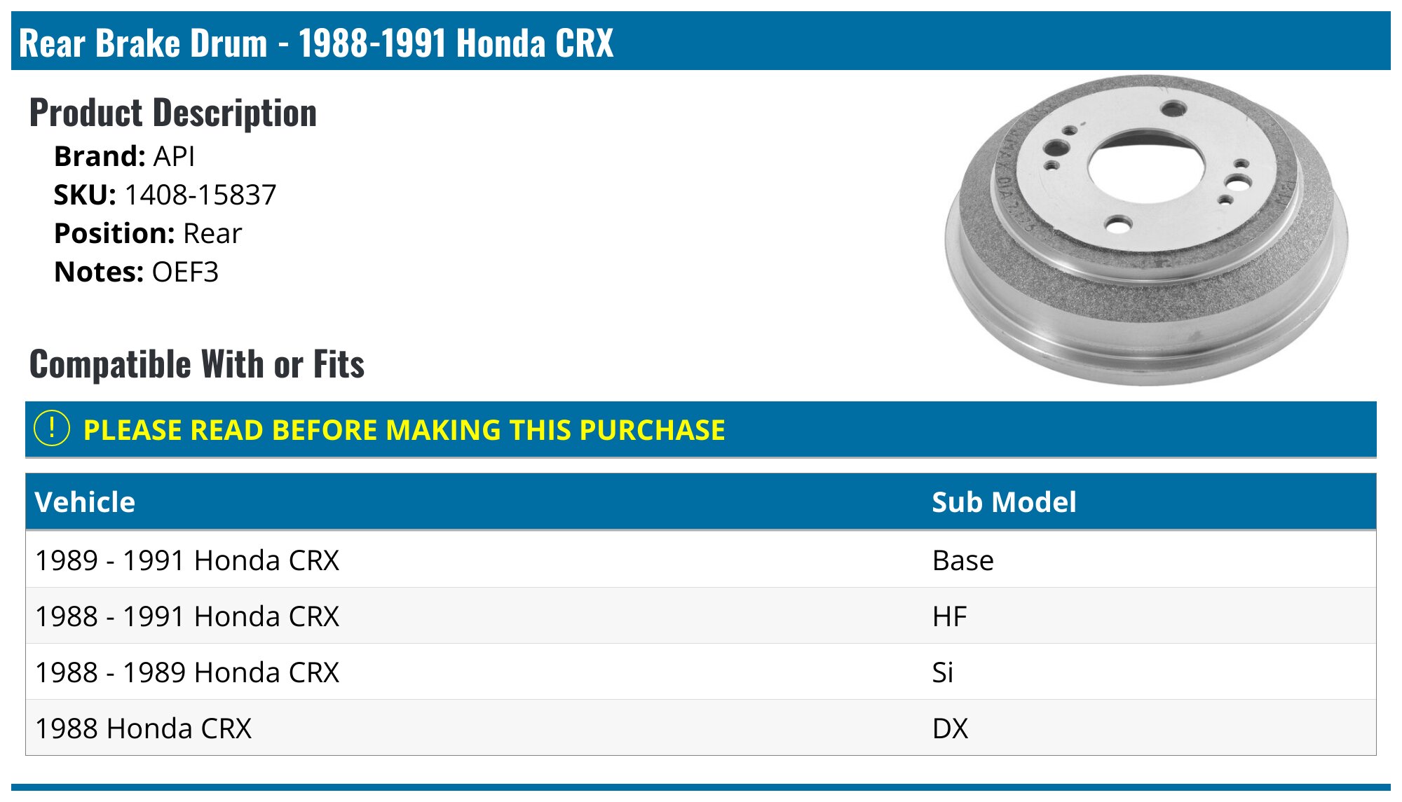 19881991 Honda CRX Brake Drum API 602807674301 Rear