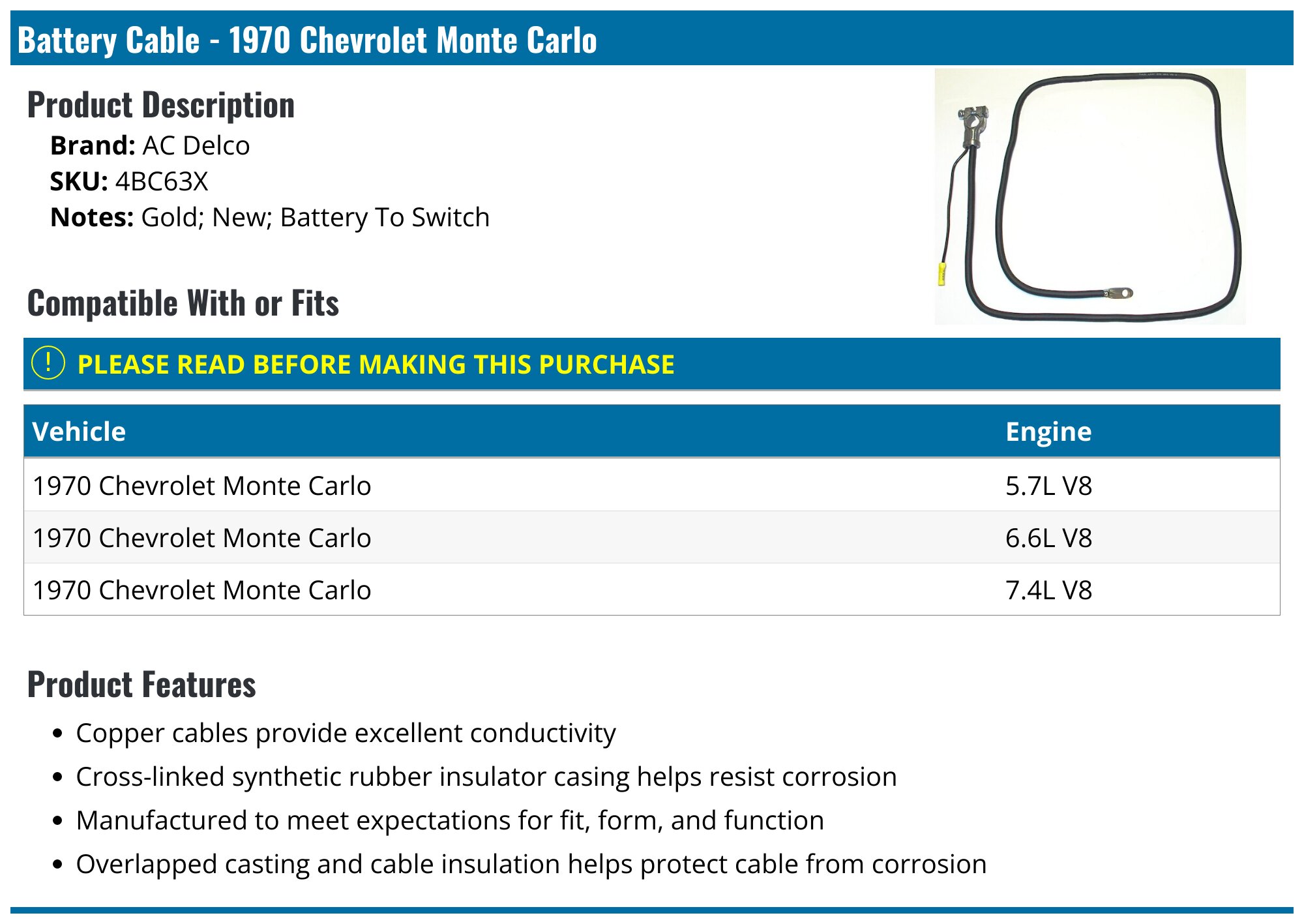 1970 Chevrolet Monte Carlo Battery Cable AC Delco 4BC63X Positive