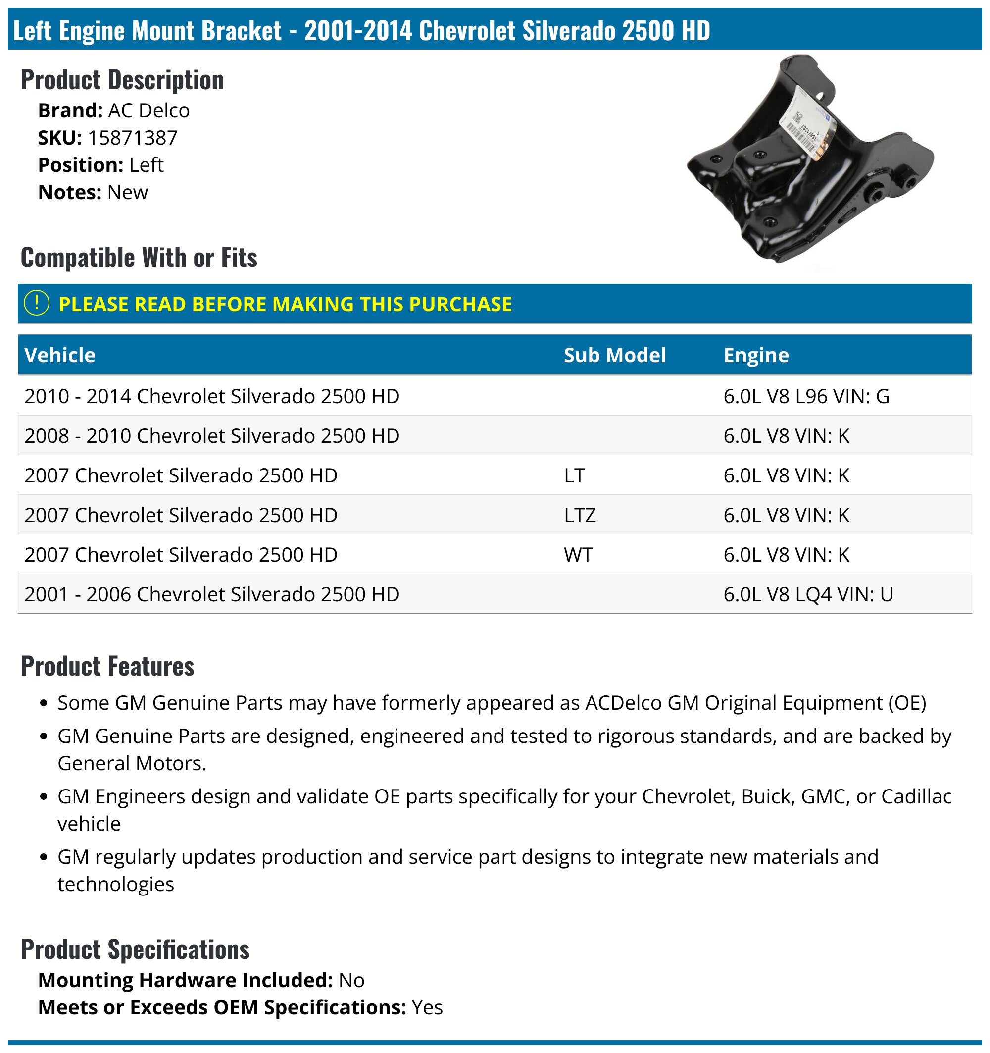 2001-2014 Chevrolet Silverado 2500 HD Engine Mount Bracket - AC Delco ...
