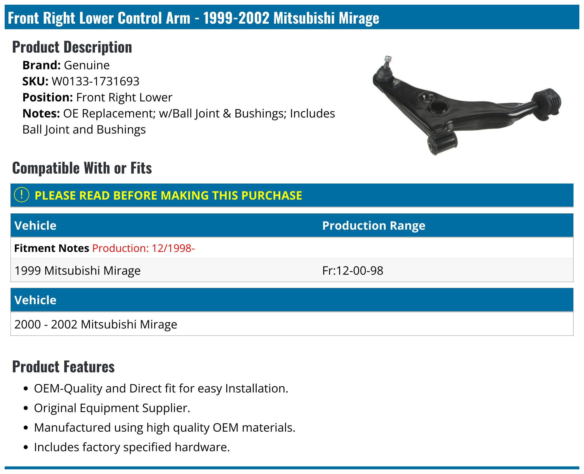 1999-2002 Mitsubishi Mirage Control Arm - Genuine W0133-1731693 - Front ...
