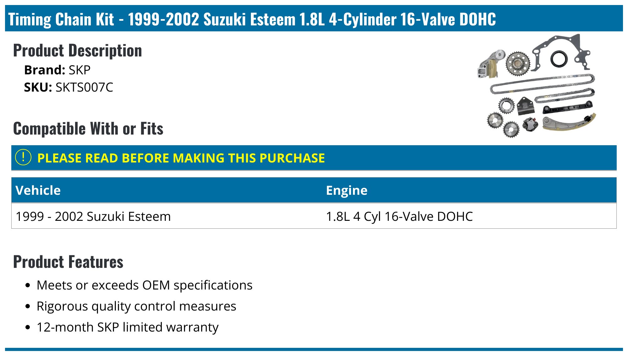 Rws Chain 1999-2002 Suzuki Esteem Timing Chain - SKP SKTS007C - PartsGeek.com