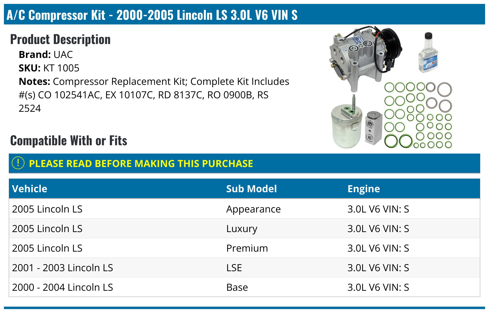 2000-2005 Lincoln LS A/C Compressor - UAC KT 1005 - PartsGeek.com