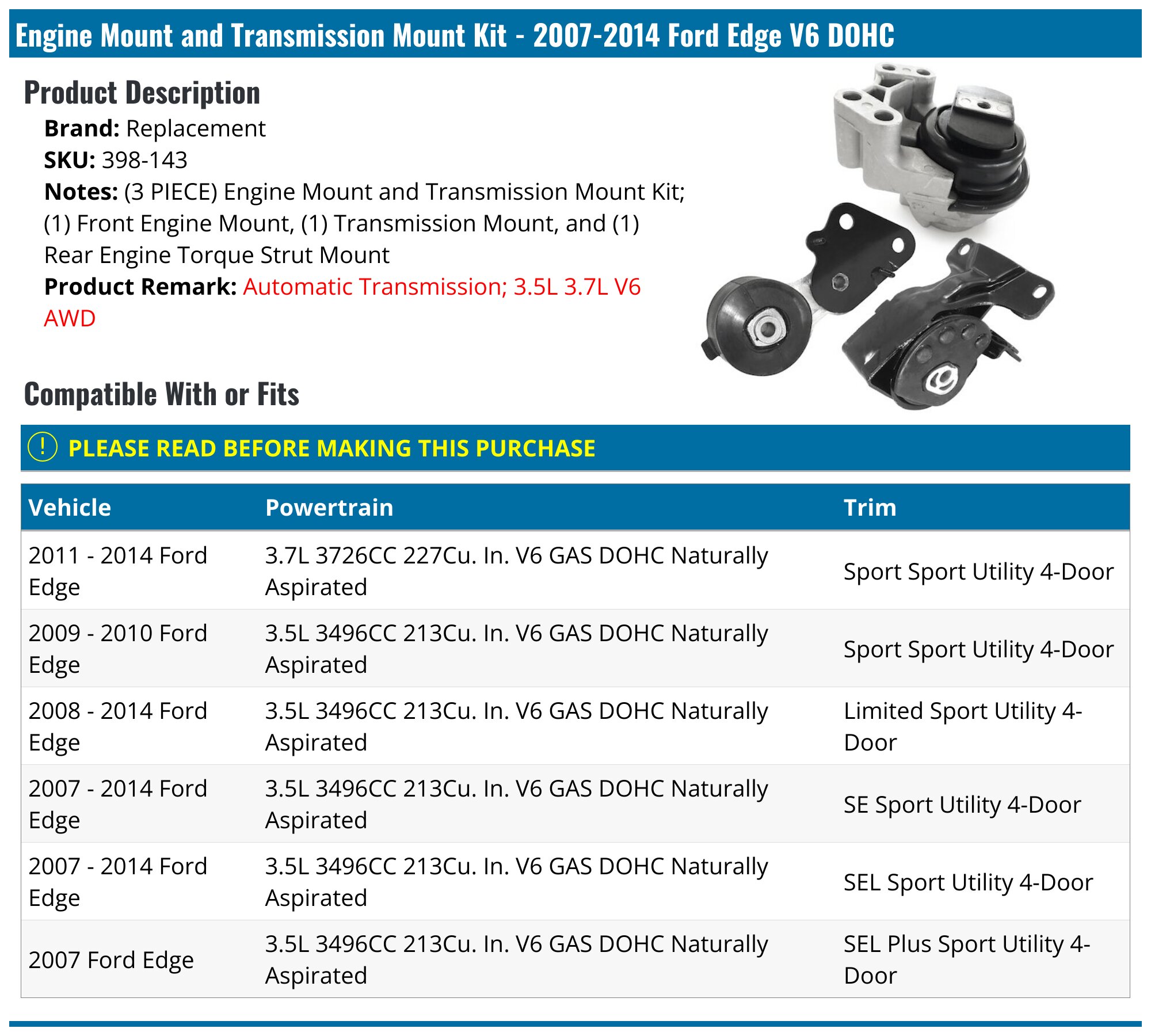 Front Motor Trans Mount Set For 2007-2014 Ford Edge & 2007-2010 Lincoln MKX 3.5L – Rockplanet