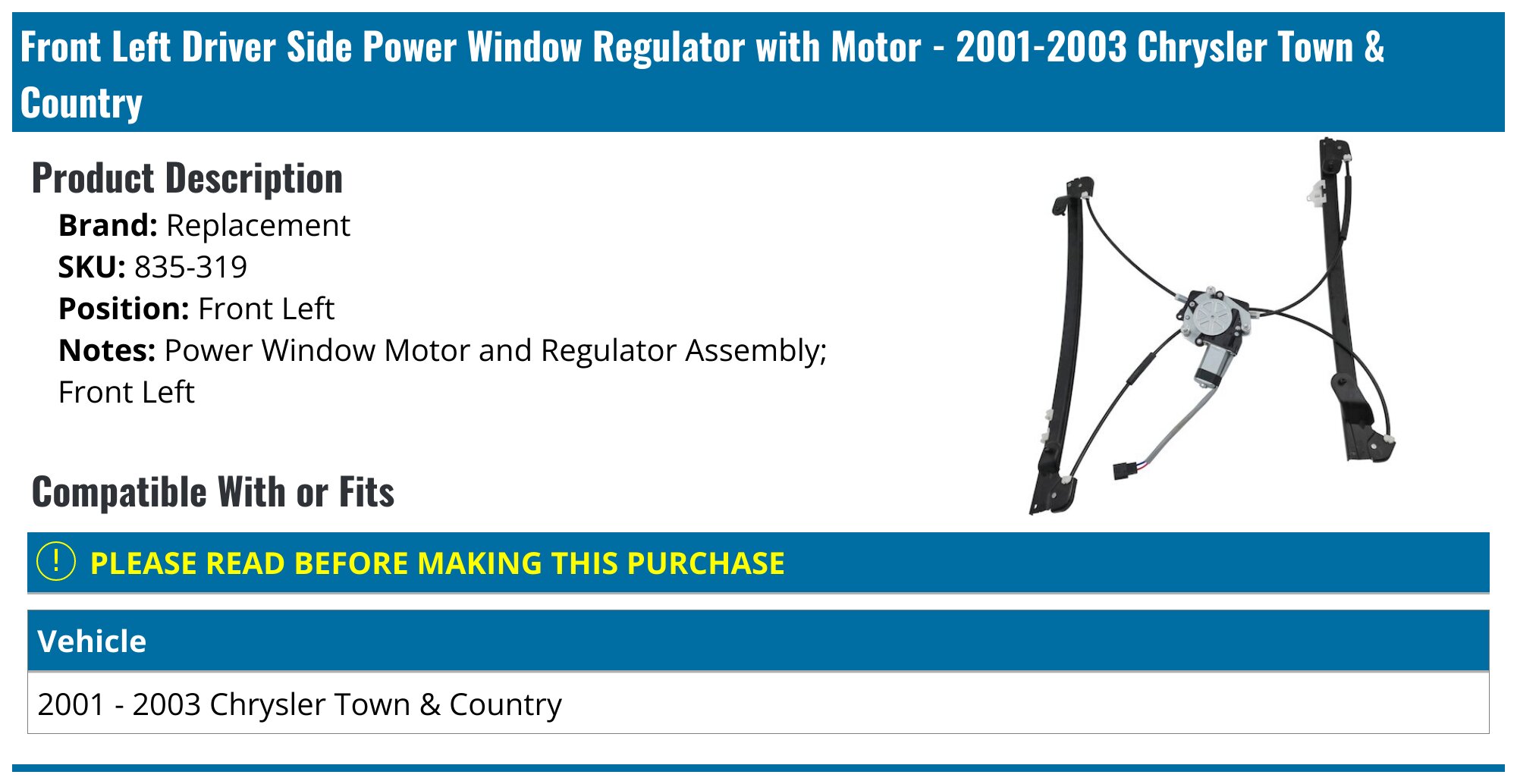 Window Regulator w/2 Pins Motor for Chrysler Town & Country Dodge