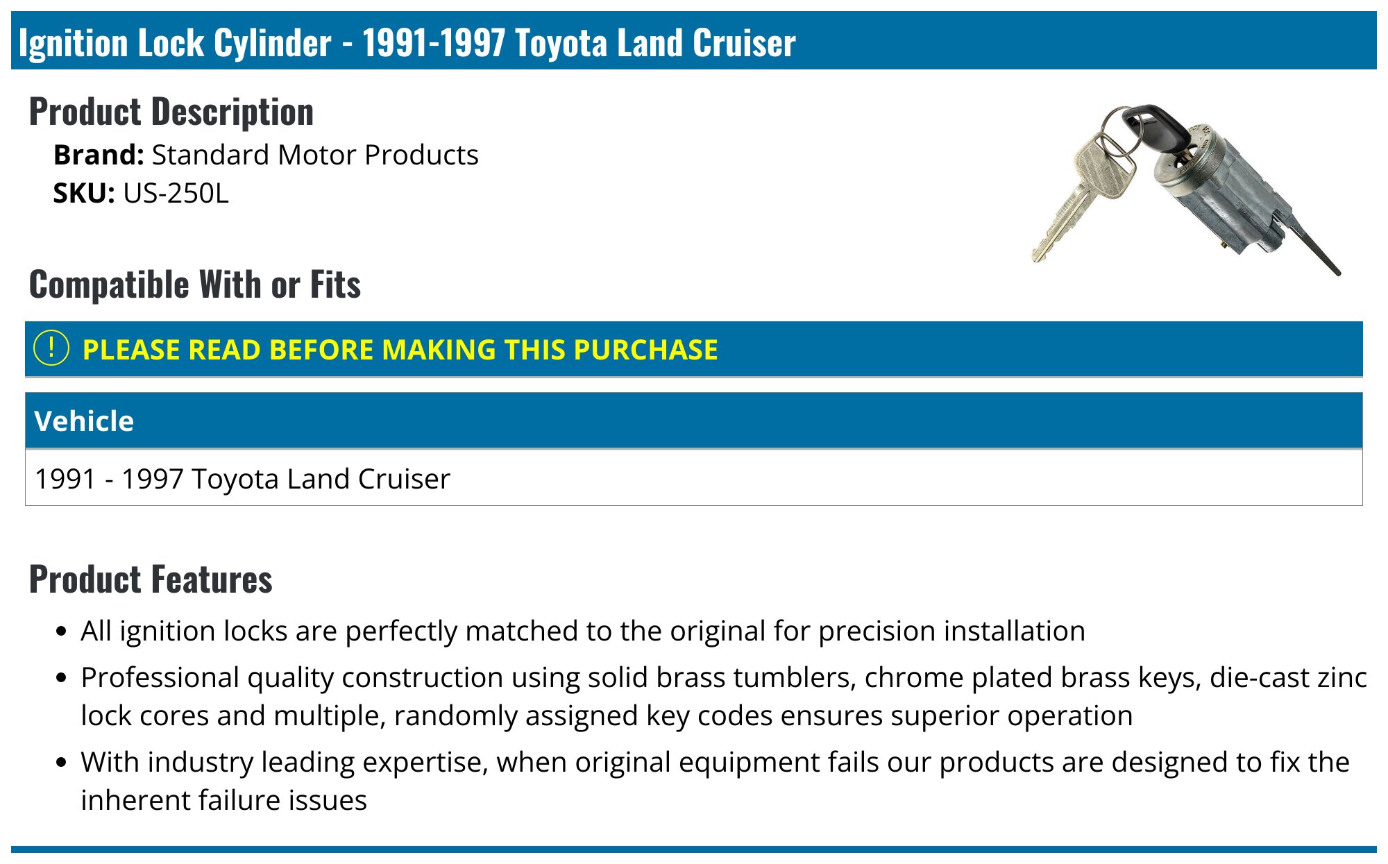 1991-1997 Toyota Land Cruiser Ignition Lock Cylinder - Standard