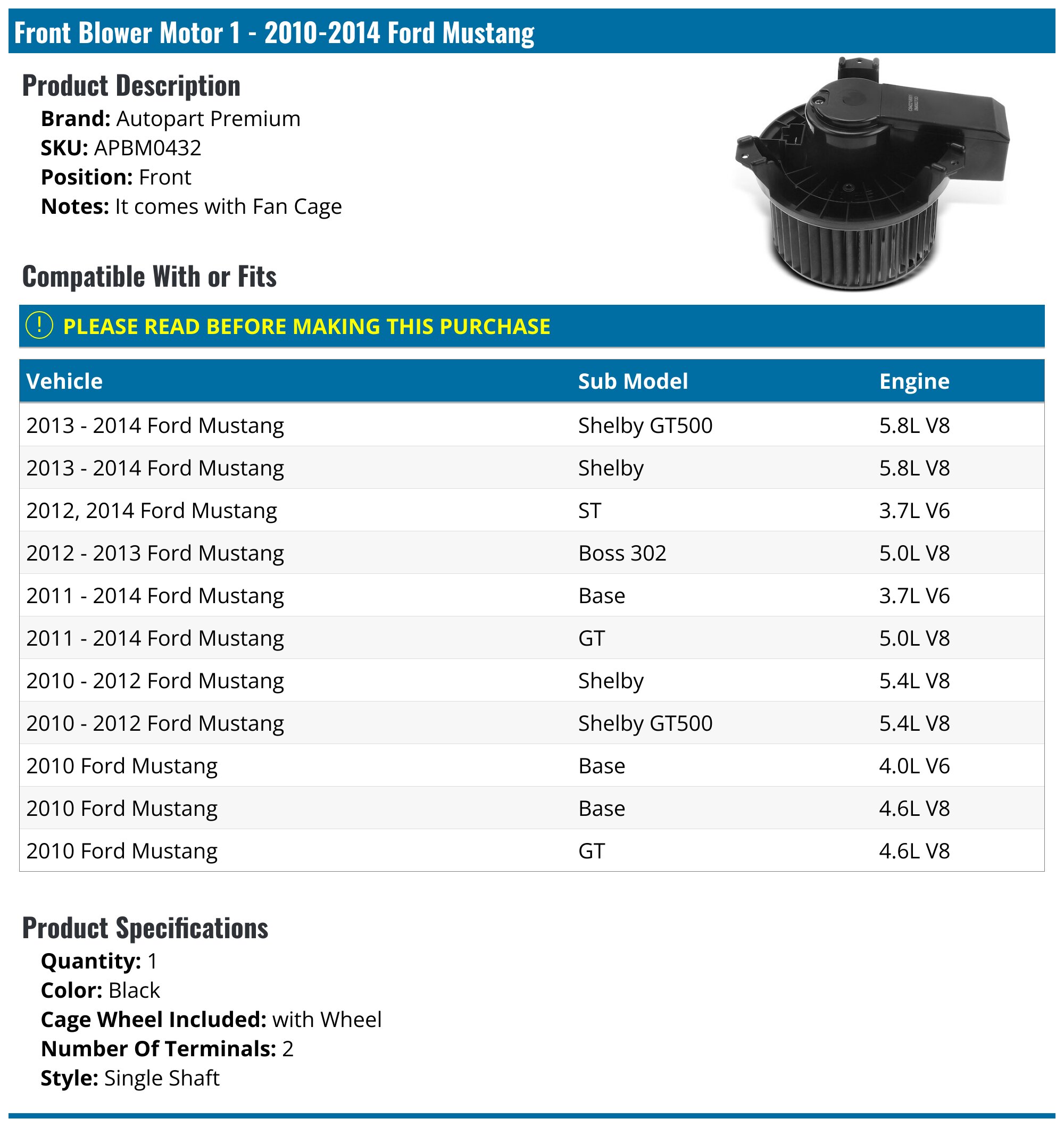 2010-2014 Ford Mustang Blower Motor - Autopart Premium APBM0432 - Front