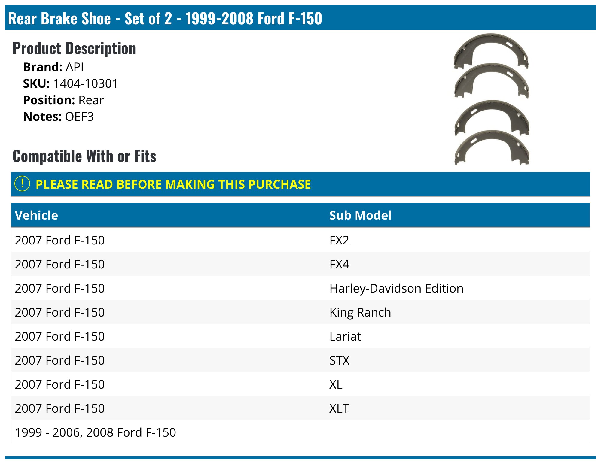 1999-2008 Ford F150 Brake Shoe Set - API 5292-07329018 - Rear