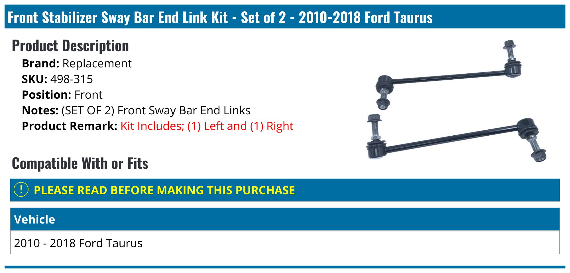 2010-2018 Ford Taurus Sway Bar Link - Replacement 498-315 - Front