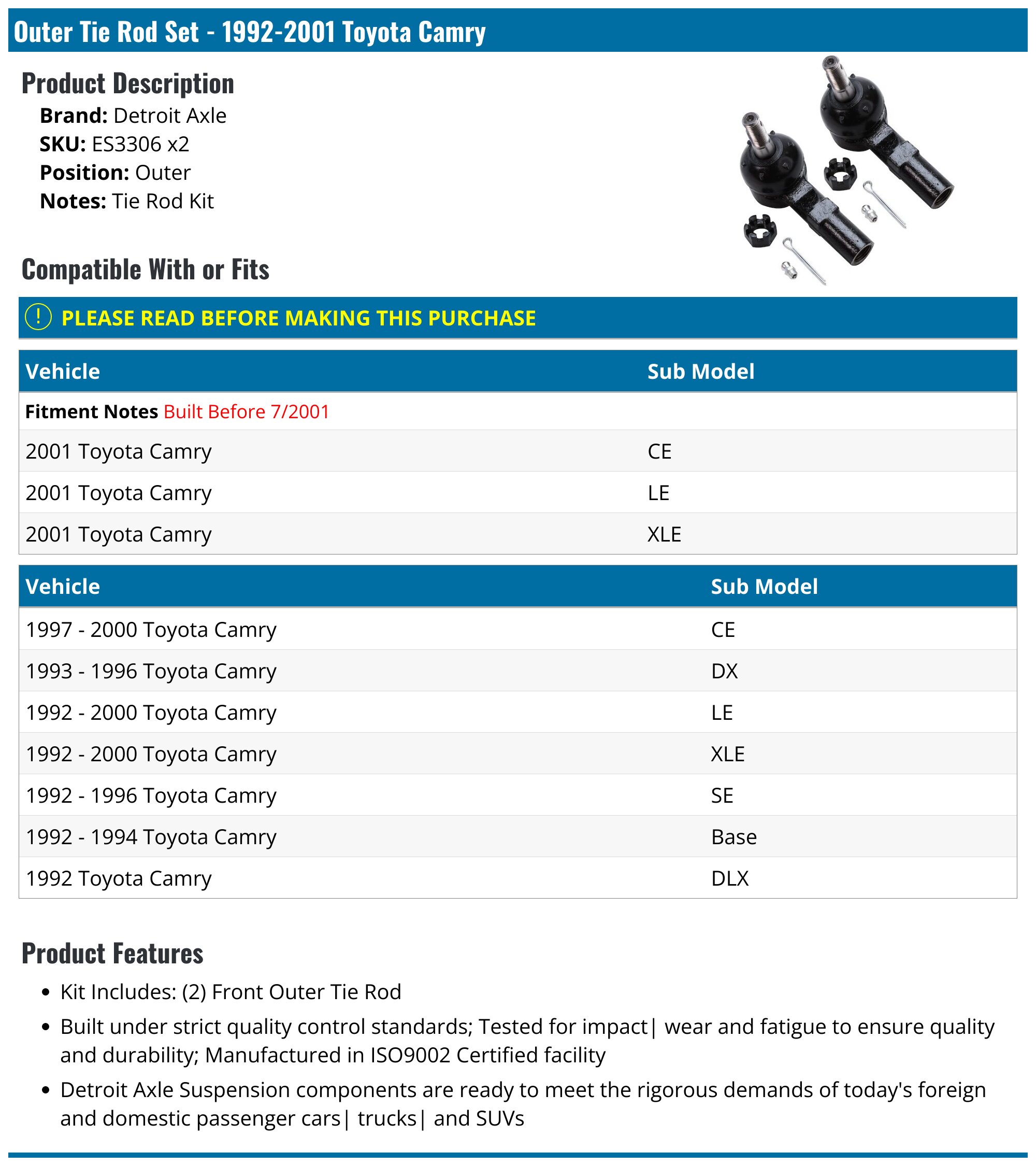 1992-2001 Toyota Camry Tie Rod - Detroit Axle ES3306 x2 - Front