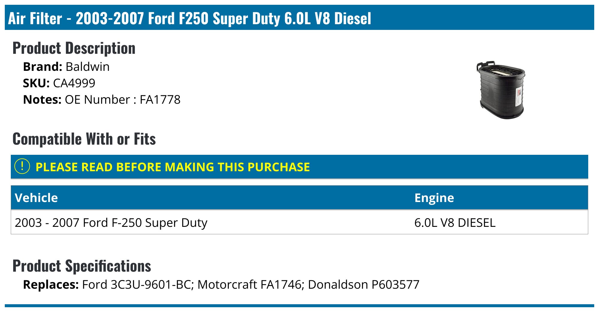 6.0L Diesel fuel Filter Kit Compatible with Ford Vehicle 2003-2007