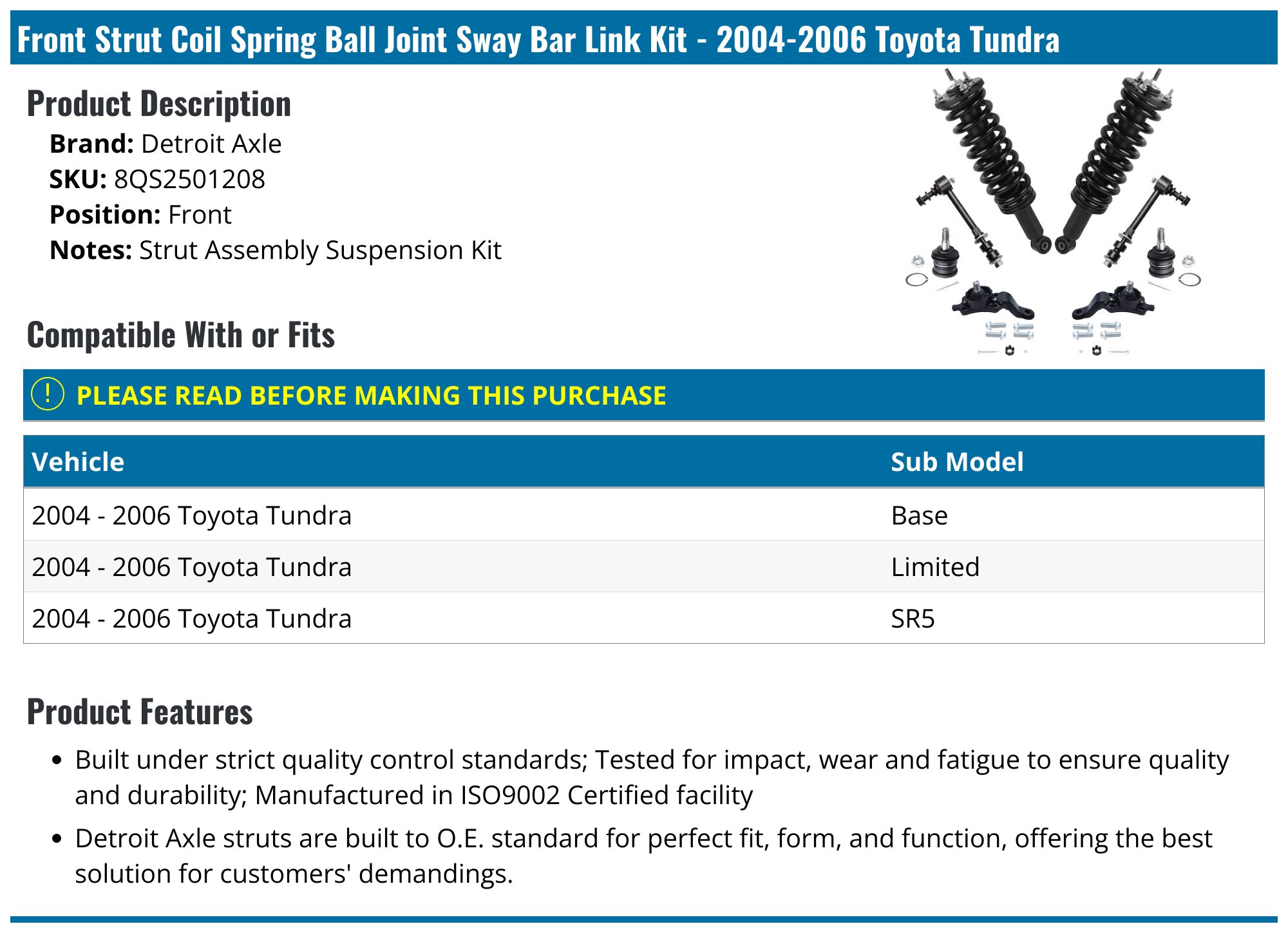 Front Complete Struts Ball Joint Sway Bar Tie Rods For 2003-2006 Toyota Tundra