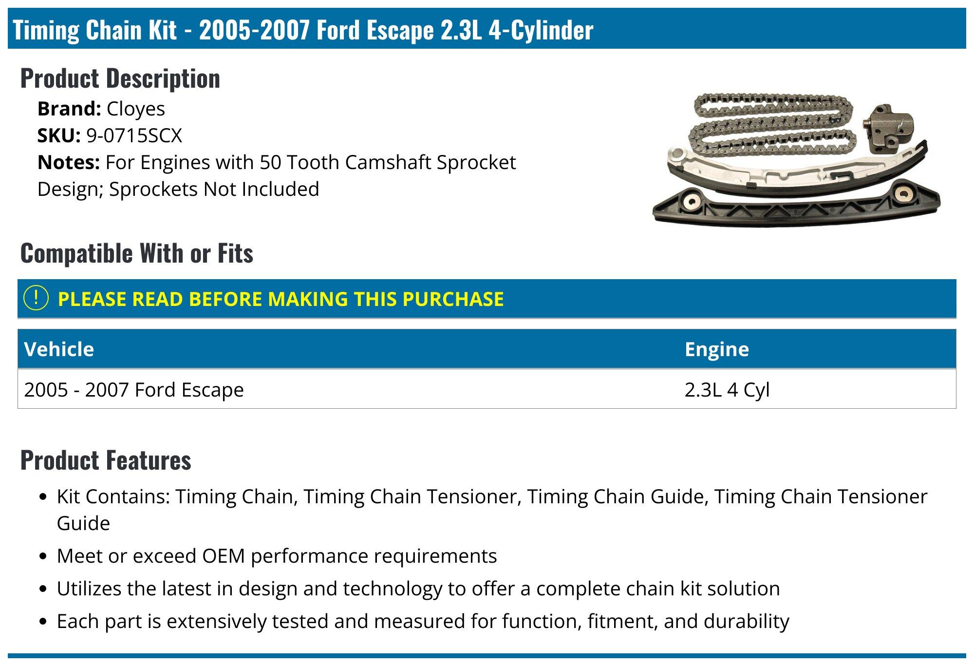 2005-2007 Ford Escape Timing Chain Cloyes 9-0715SCX
