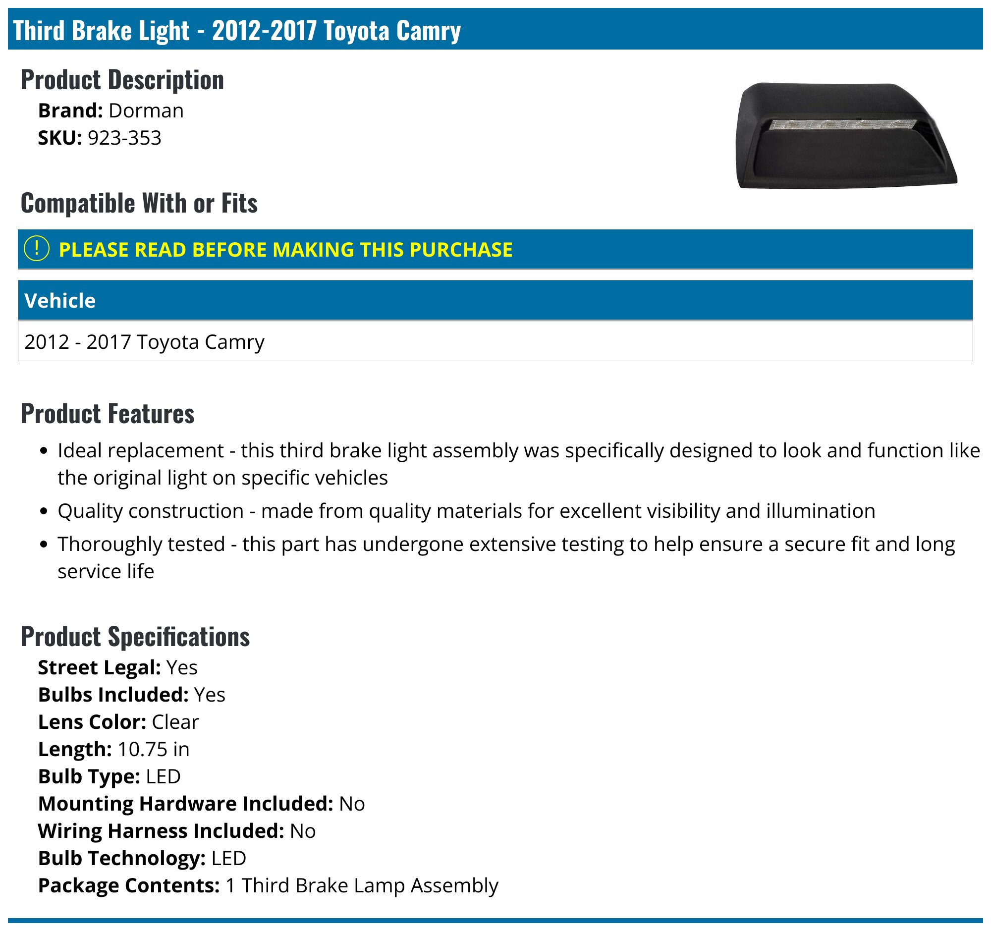 20122017 Toyota Camry Third Brake Light Dorman 923353