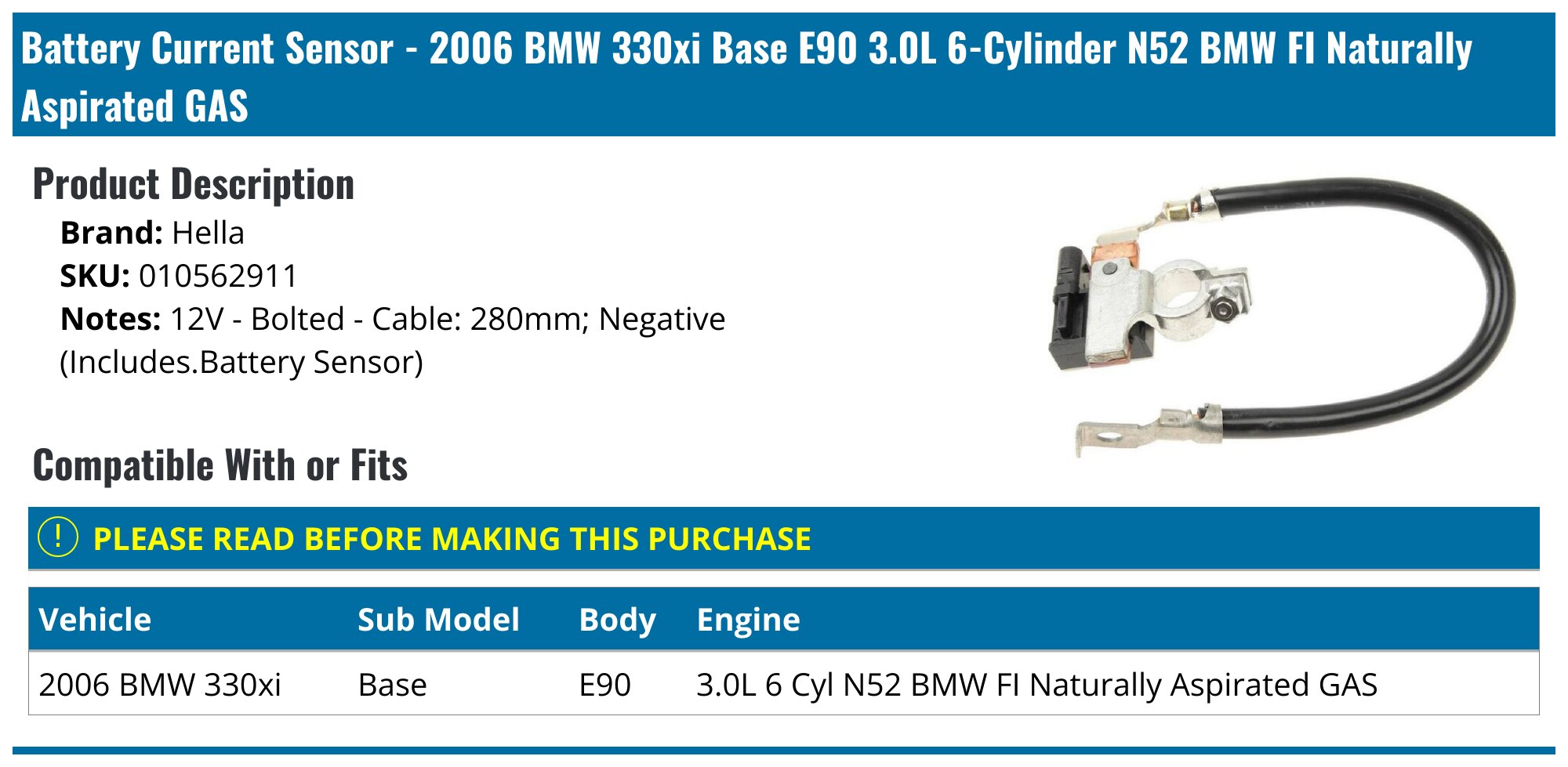 2006 BMW 330xi Intelligent Battery Sensor (IBS) - Hella 010562911 ...