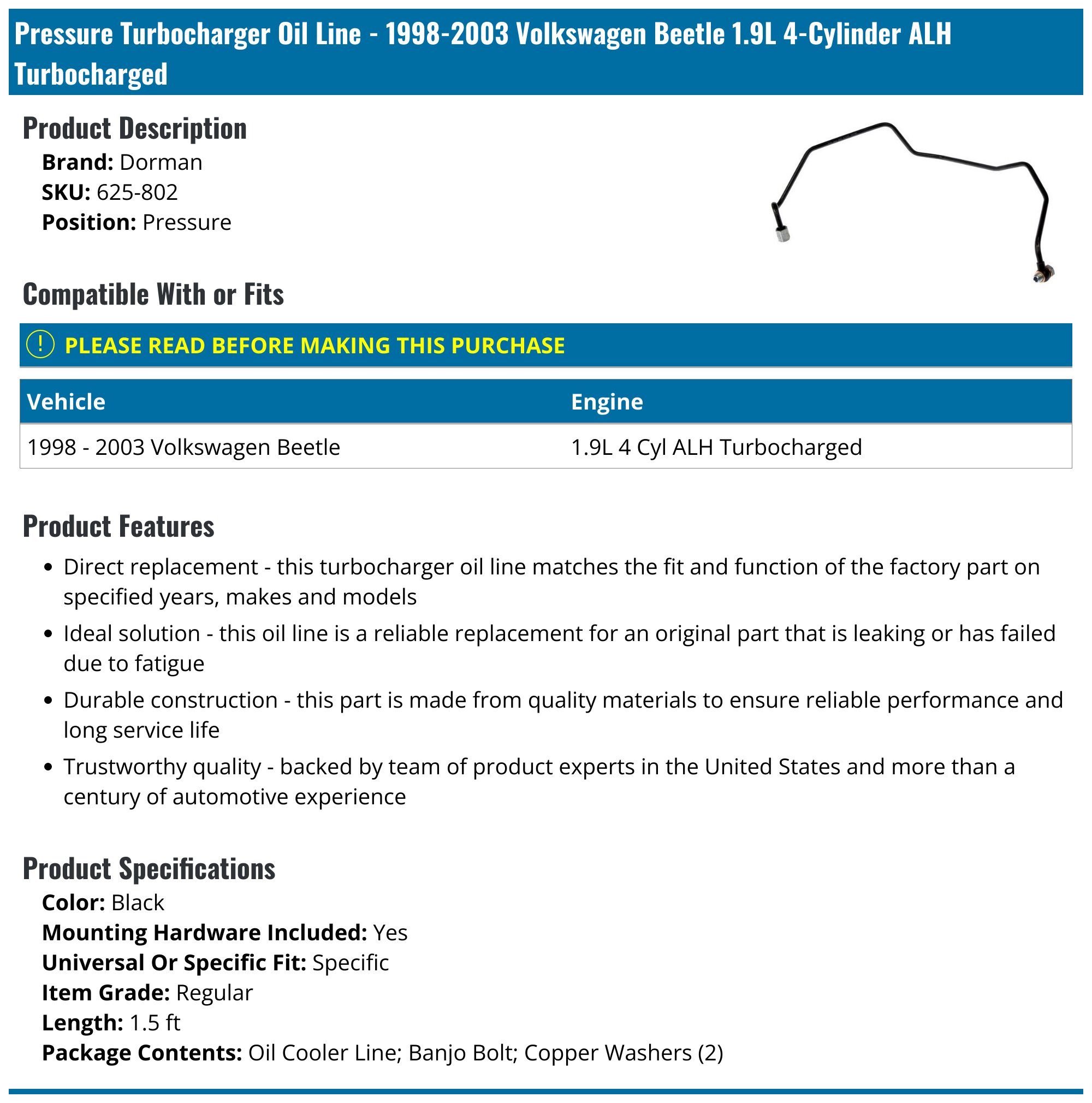 Wht001965 1998-2003 Volkswagen Beetle Turbocharger Oil Return Line - Dorman 625 ...